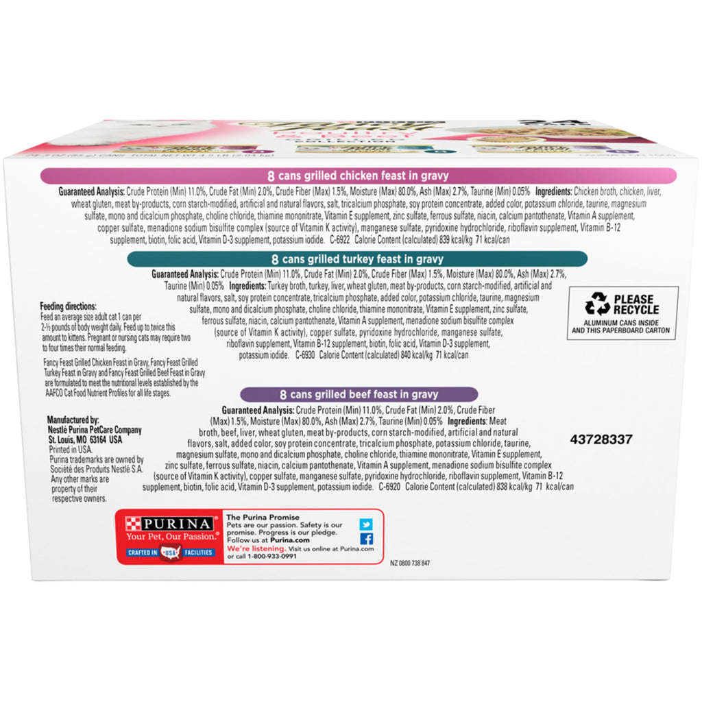 Fancy Feast Grilled — Alimento Húmedo para Gatos Variedad Aves y Res en Salsa Ligera — Pack de 24 Latas de 85g