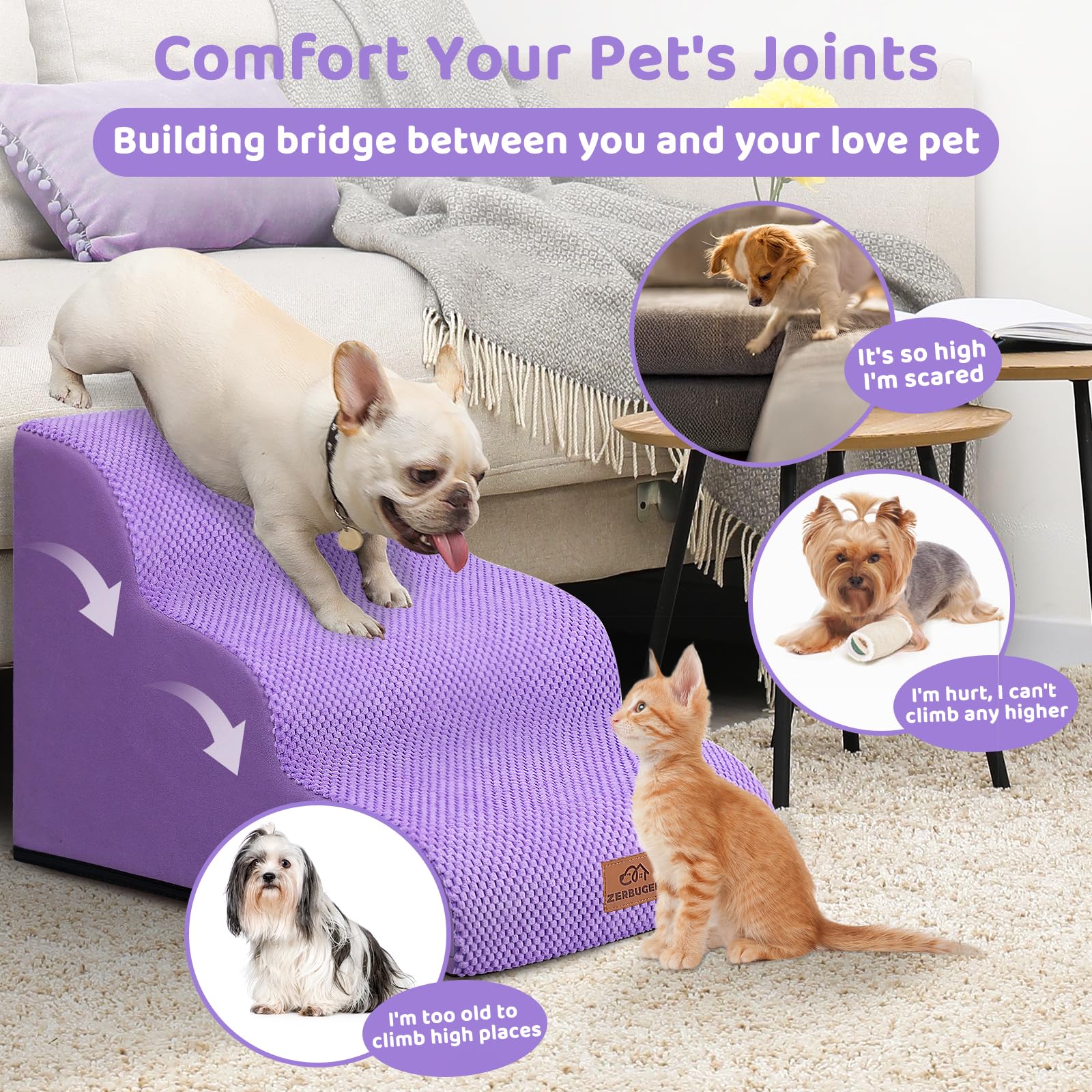 Zerbuger — Escalera y Rampa de Espuma para Perros y Gatos — Escalones Antideslizantes para Cama, Sofá y Silla