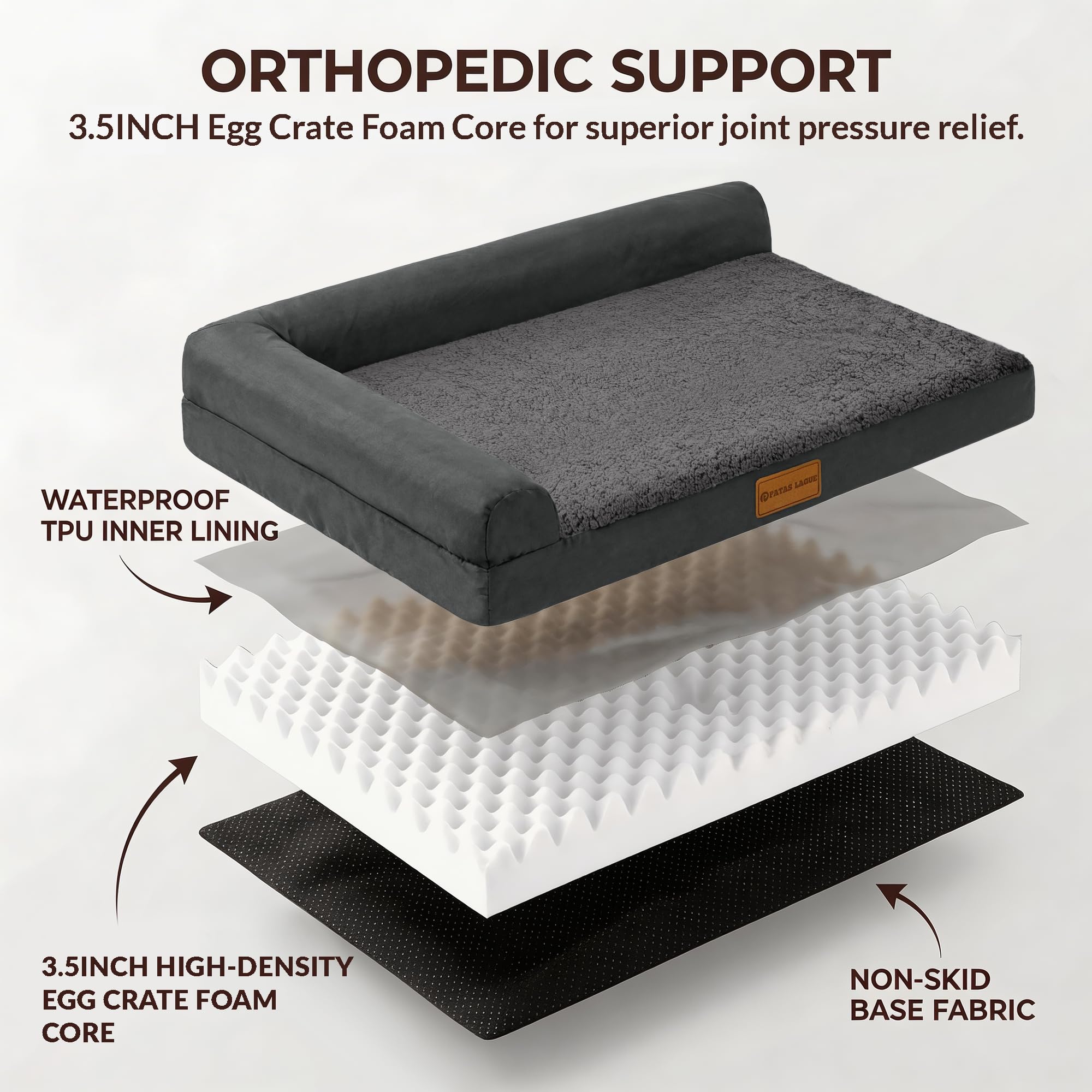 Patas Lague — Cama Ortopédica con Bolster en L y Cubierta Lavable Impermeable para Perro