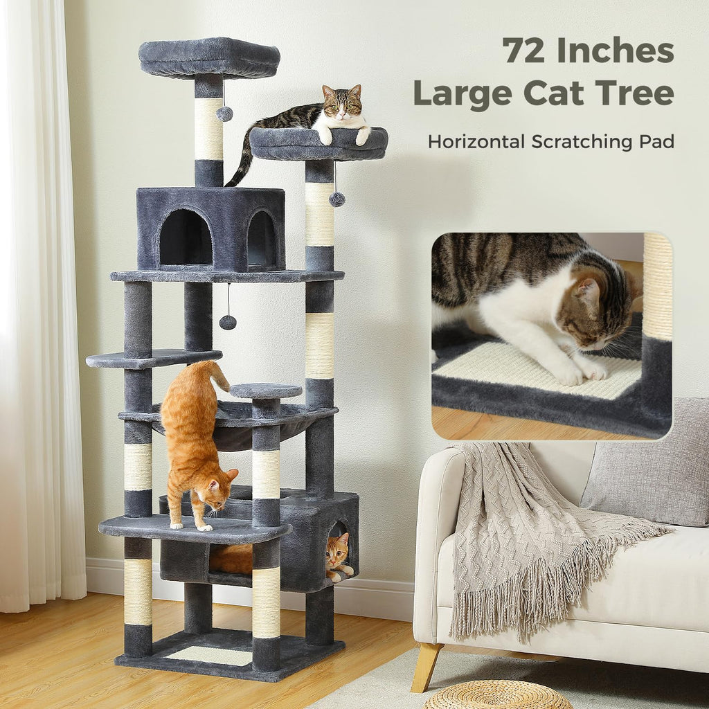 PAWZ Road 72-81 Inches Large Cat Tree, Tall Cat Tower with Large Mental Hammock for Indoor Cats Adults,7 Sisal-Covered Scratching Posts, 2 Padded Perches, Condos, and Basket
