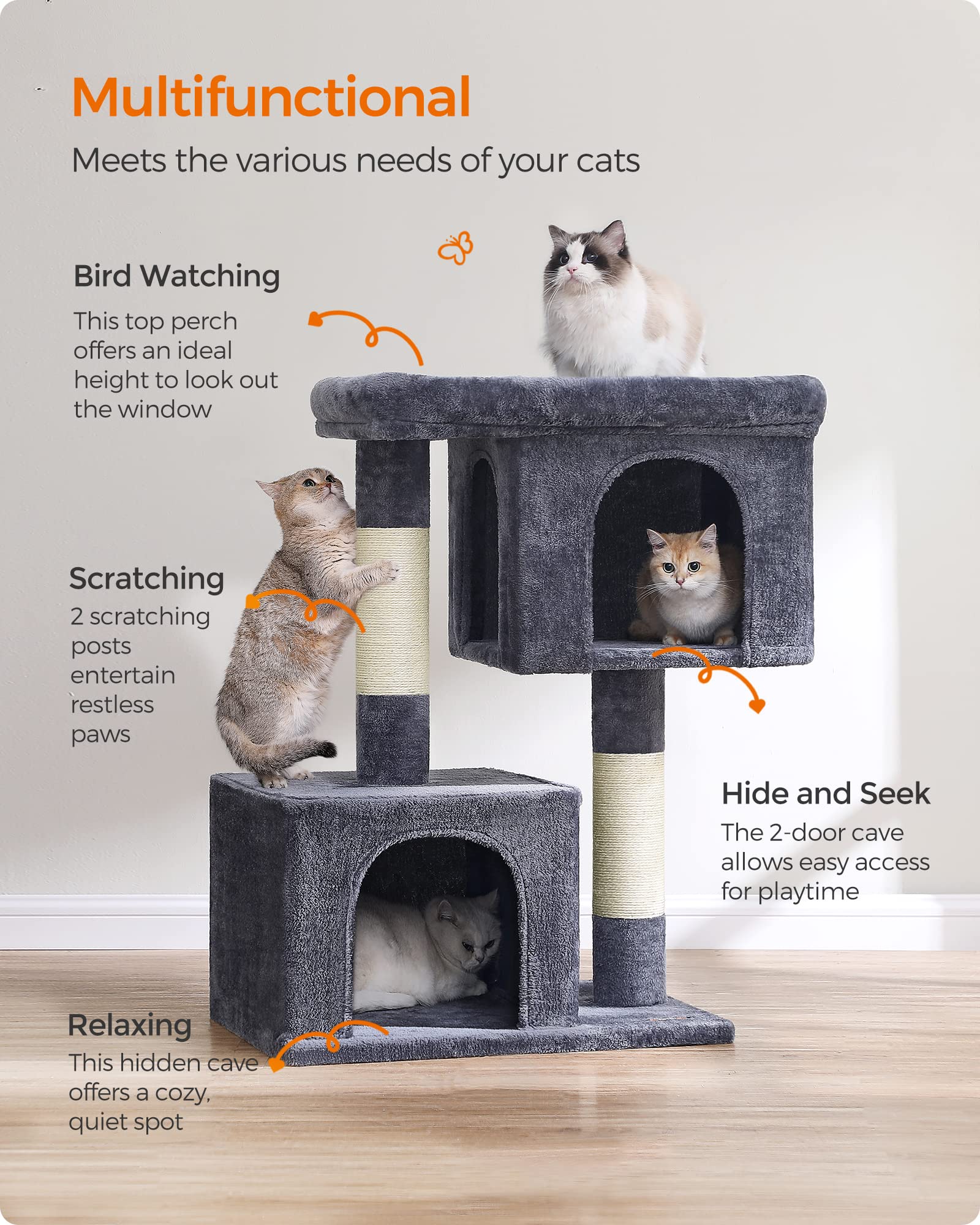 Feandrea — Torre Rascador para Gatos con Condo, Perchas y Postes de Sisal