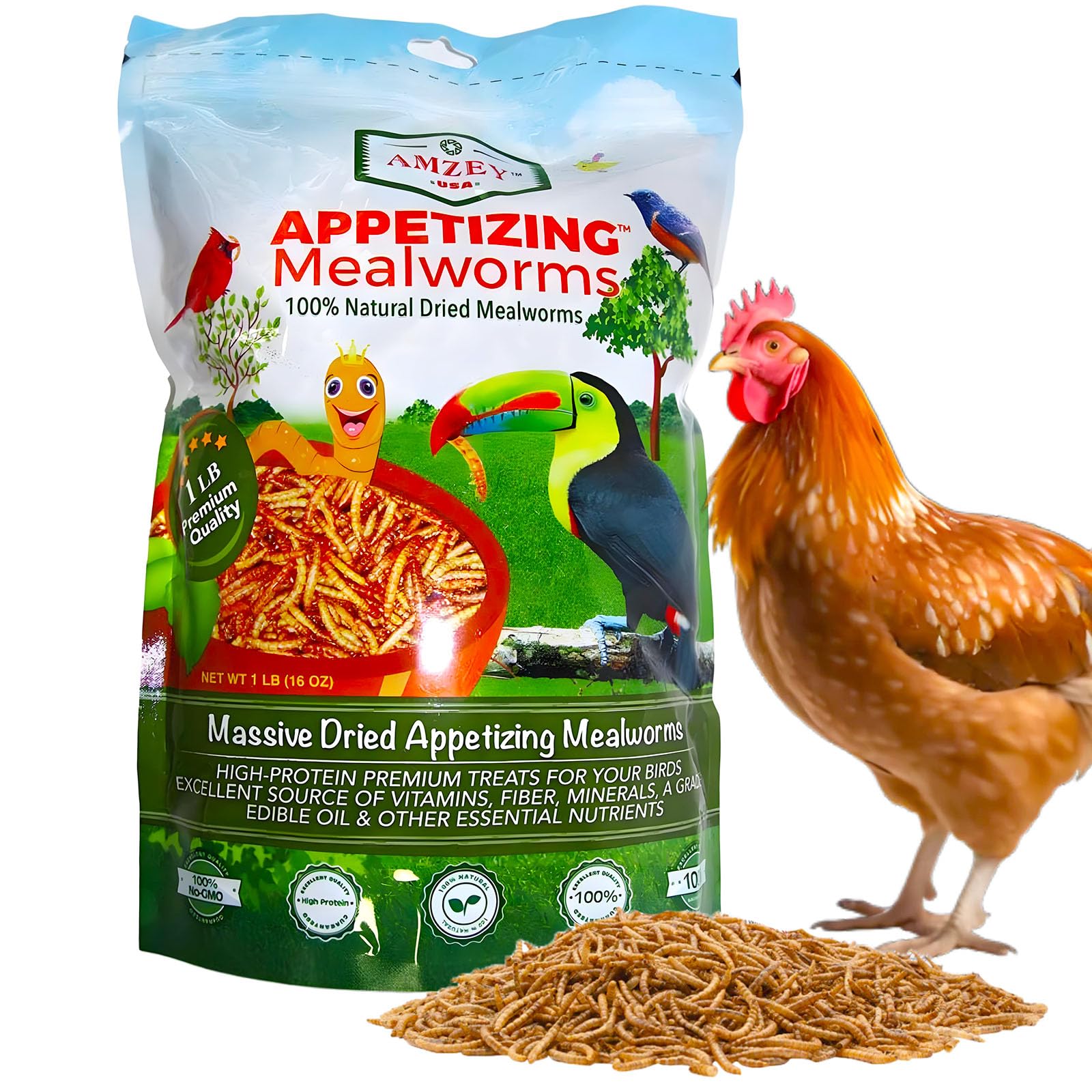 Amzey Gusanos de Harina Deshidratados — Alimento Natural Alto en Proteína para Pollos, Aves, Peces, Tortugas, Patos y Reptiles
