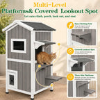 PetsCosset — Casa para Gatos de Madera de Dos Pisos con Techo Impermeable Abatible y Puertas de Escape para Uso Exterior e Interior