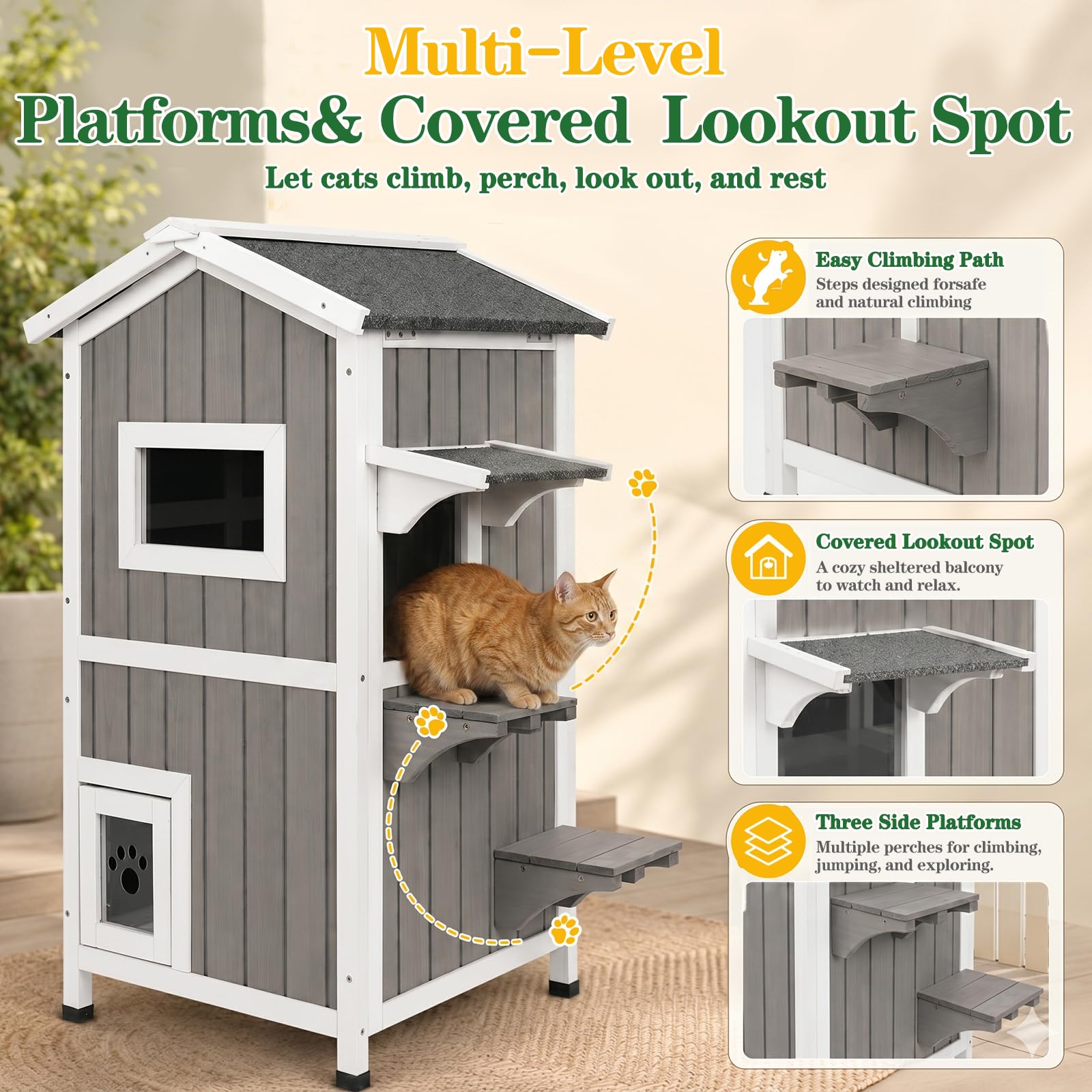 PetsCosset — Casa para Gatos de Madera de Dos Pisos con Techo Impermeable Abatible y Puertas de Escape para Uso Exterior e Interior