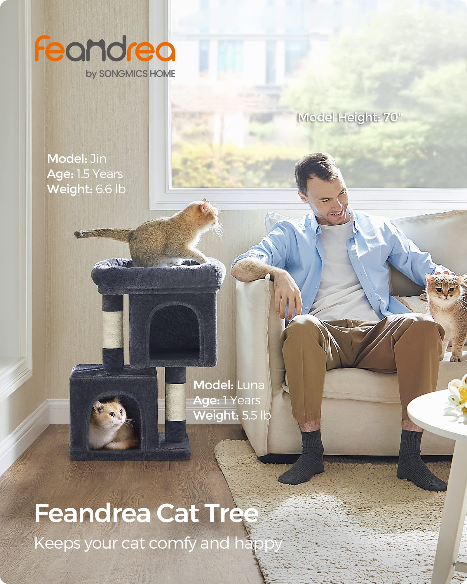 Feandrea — Torre Rascador para Gatos con Condo, Perchas y Postes de Sisal