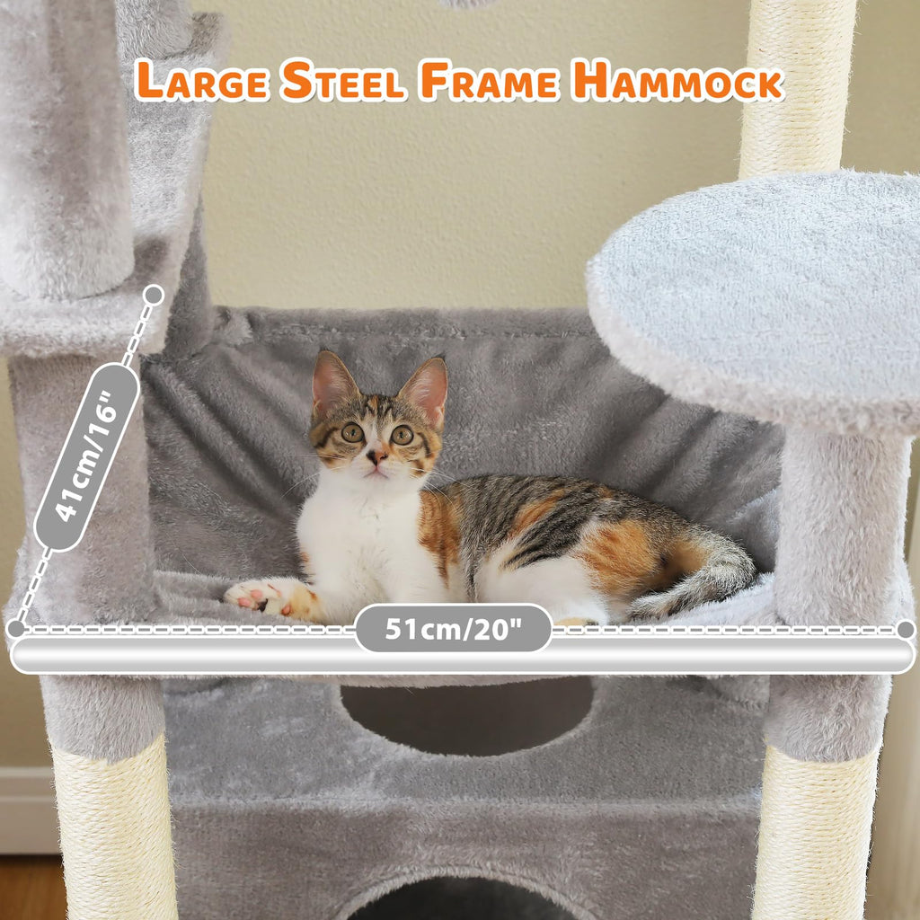 PAWZ Road 72-81 Inches Large Cat Tree, Tall Cat Tower with Large Mental Hammock for Indoor Cats Adults,7 Sisal-Covered Scratching Posts, 2 Padded Perches, Condos, and Basket