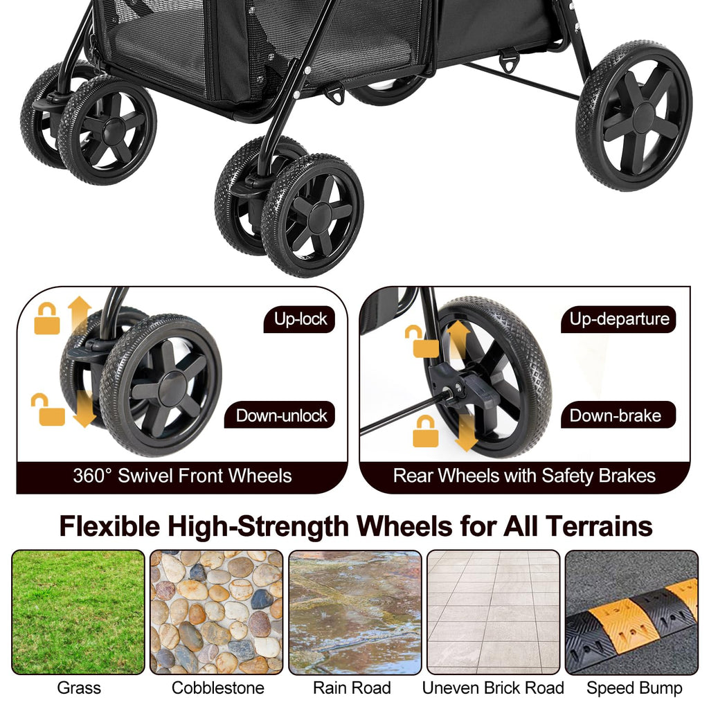 LPOTIUS Carriola Doble para Perros y Gatos con 2 Transportadoras Desmontables — Carreola Plegable con 4 Ruedas para Mascotas Pequeñas y Medianas
