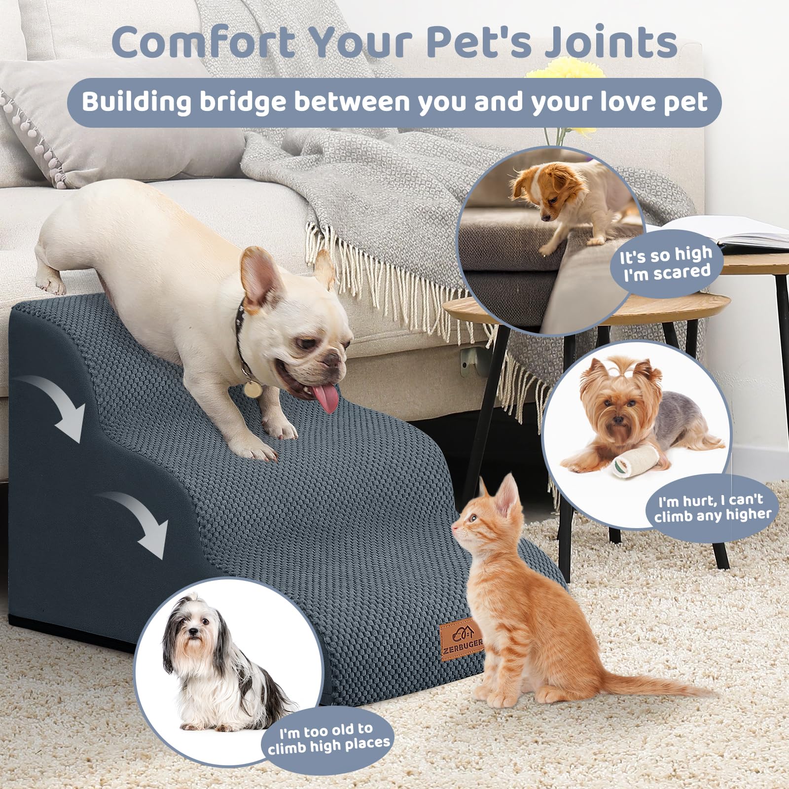 Zerbuger — Escalera y Rampa de Espuma para Perros y Gatos — Escalones Antideslizantes para Cama, Sofá y Silla