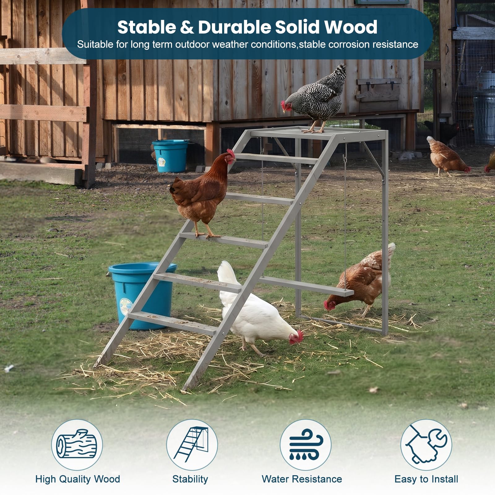 Estructura de Juego para Gallinas y Mascotas — Columpio, Escalera y Percha de Madera con Barras de Descanso para Gallinas, Conejos y Aves de Traspatio