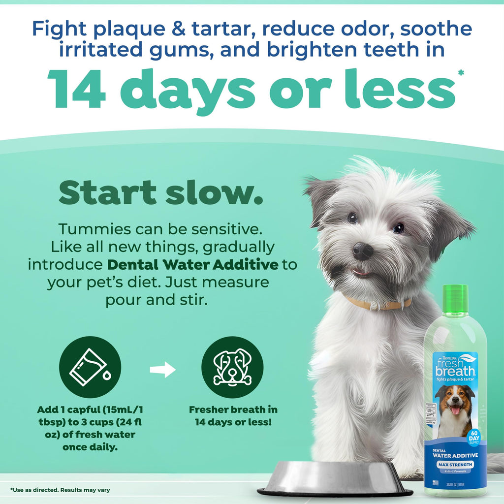 TropiClean Fresh Breath — Aditivo Dental para Agua, Limpieza de Dientes y Aliento Fresco para Perros
