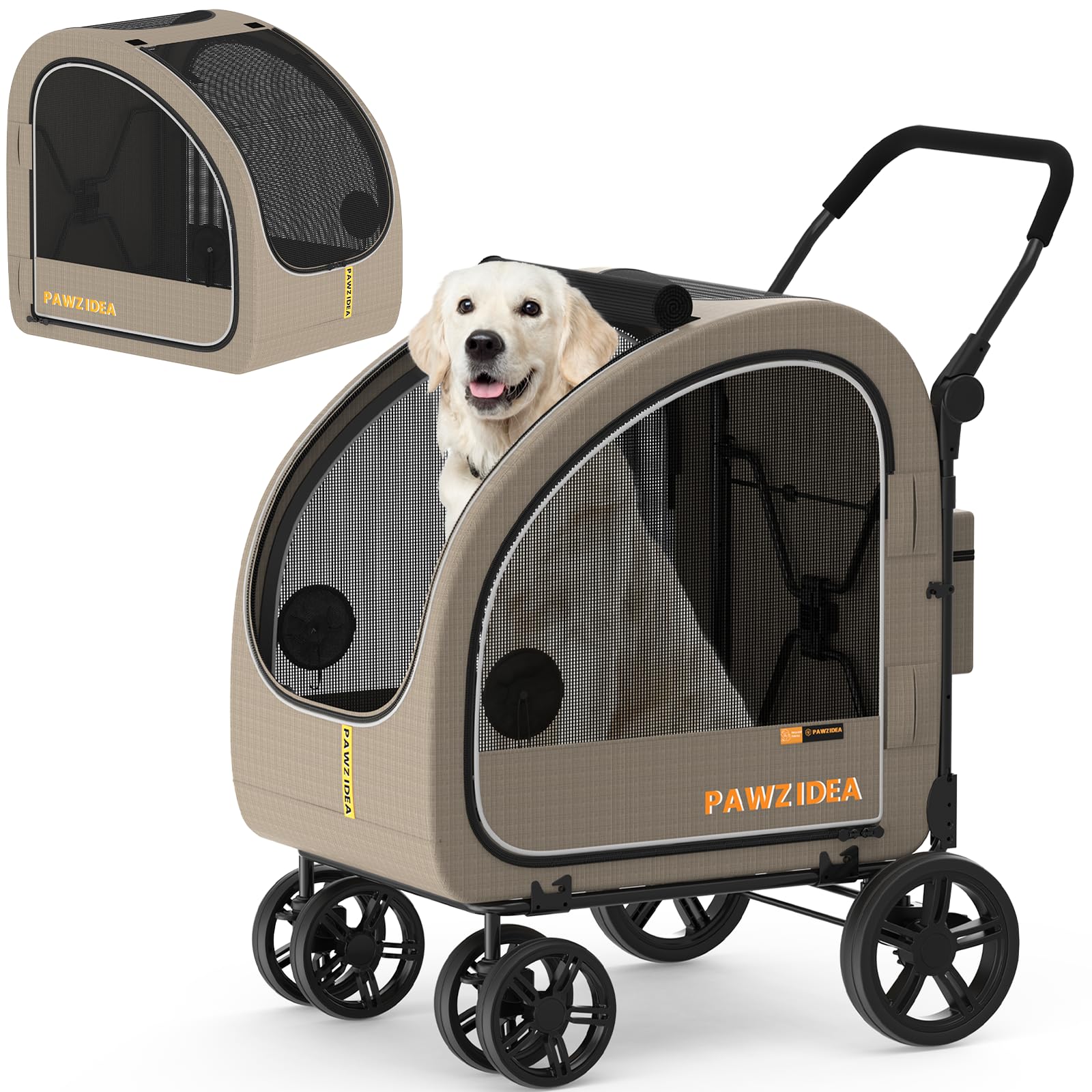 PAWZIDEA 3-in-1 Large Dog Stroller with Detachable Carrier up to 80lbs, Portable Dog Car Crate & Travel Kennel, Foldable Pet Stroller for 2 Medium Dogs, All-Terrain 9” Jogger Wheels, Adjustable Handle