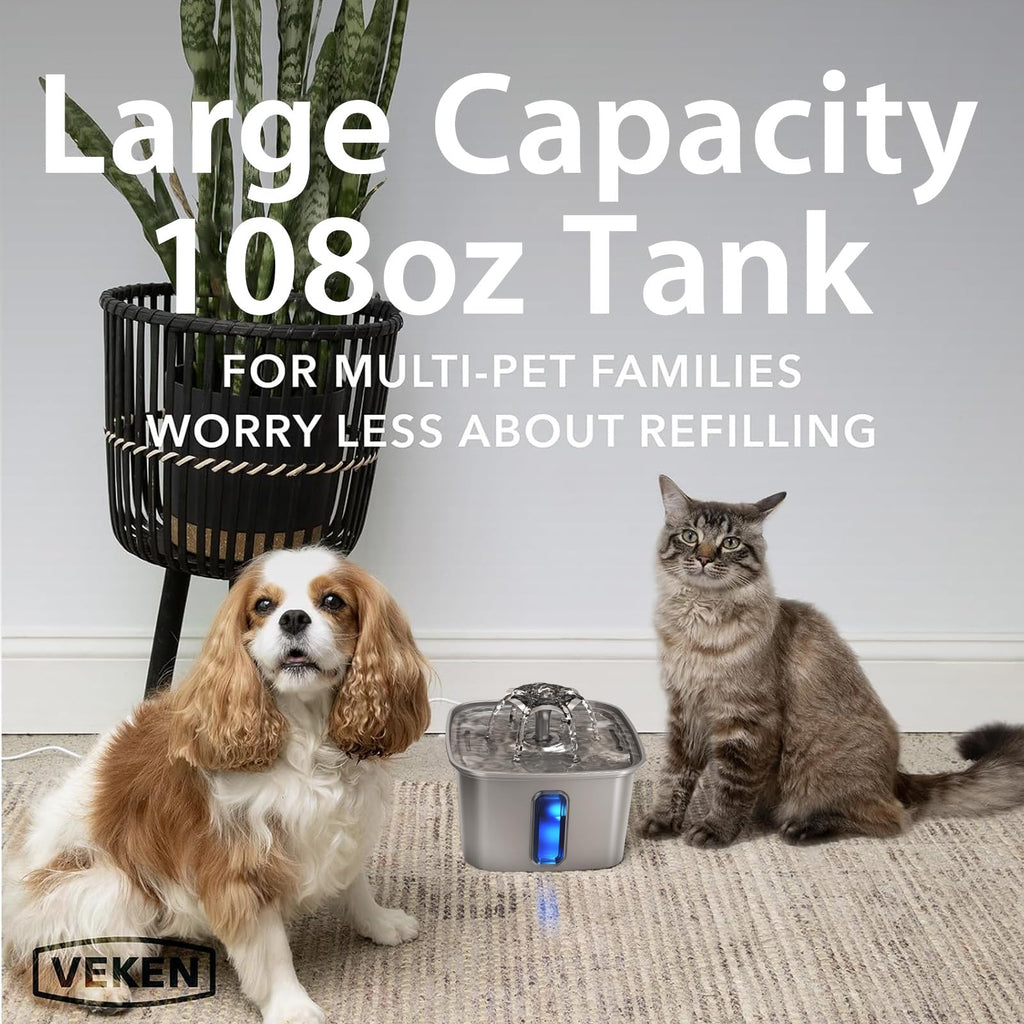 Veken — Fuente de Agua para Mascotas en Acero Inoxidable con Filtros de Repuesto y Tapete de Silicona para Gatos y Perros