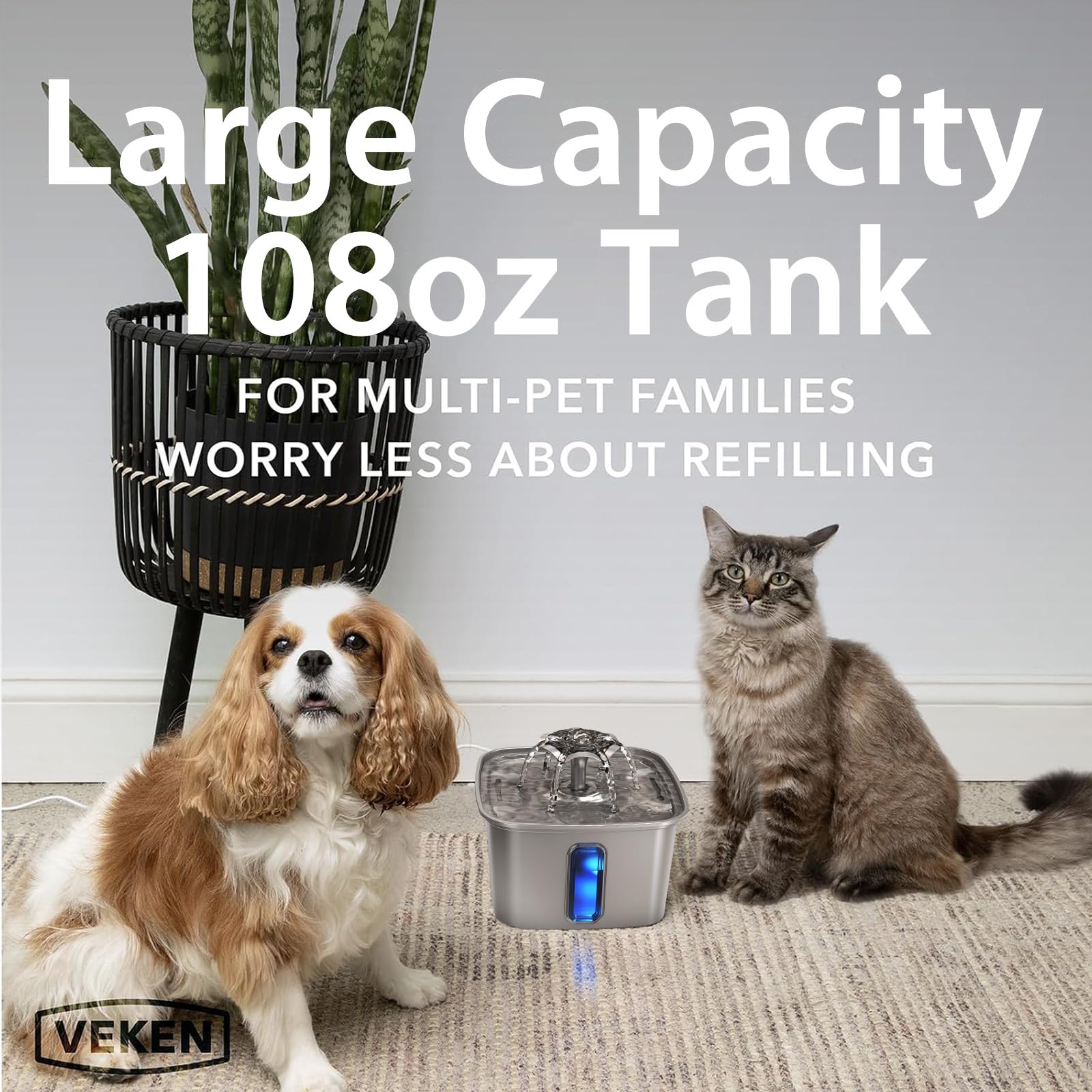 Veken — Fuente de Agua para Mascotas en Acero Inoxidable con Filtros de Repuesto y Tapete de Silicona para Gatos y Perros