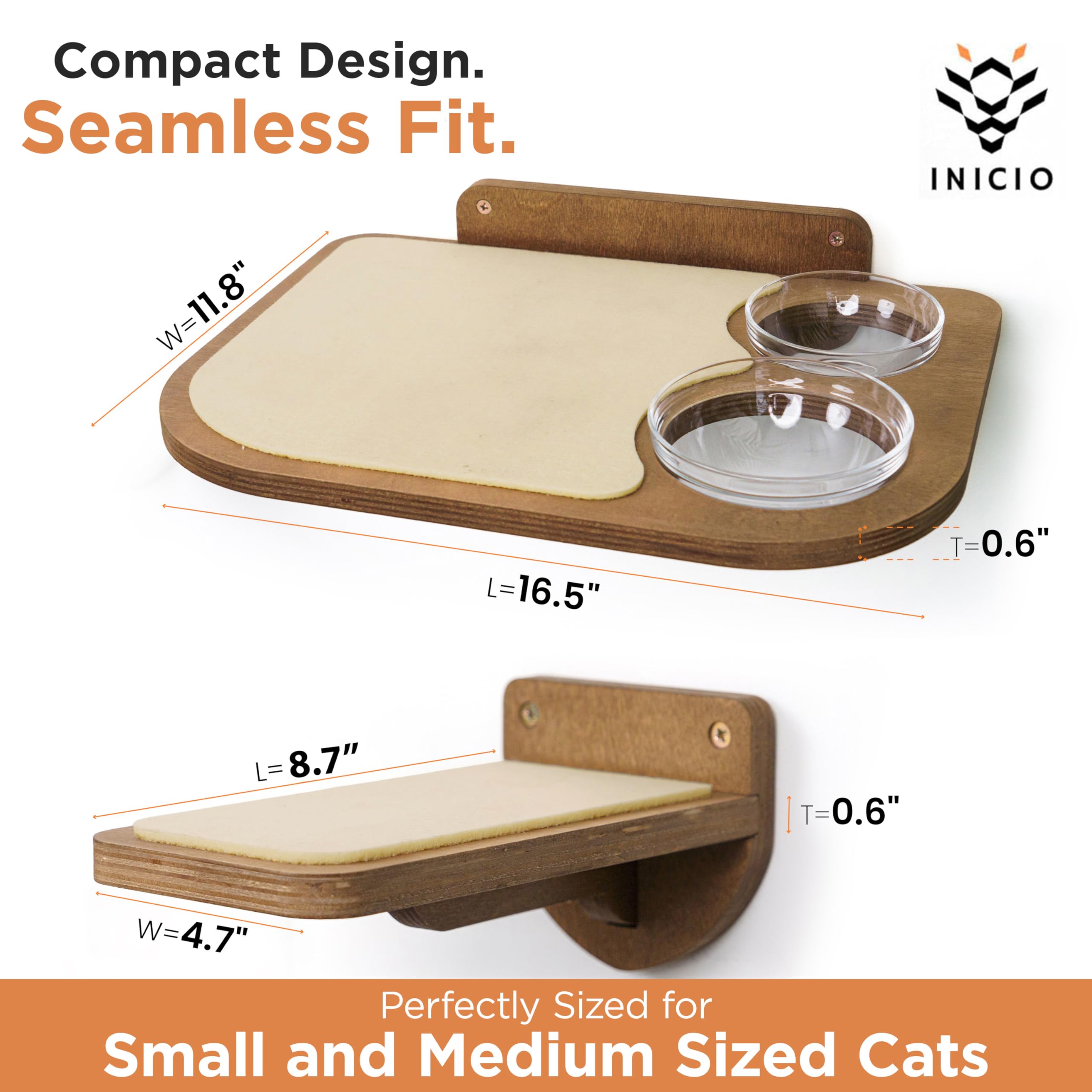 Estantes de Abedul para Gatos — Mueble de Pared con 3 Escalones y Tazones de Vidrio para Alimentación