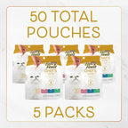 Purina Fancy Feast Purely Natural — Paquete Variado de Snacks para Gatos con Pollo, Atún y Salmón (5 sobres de 10 piezas c/u)