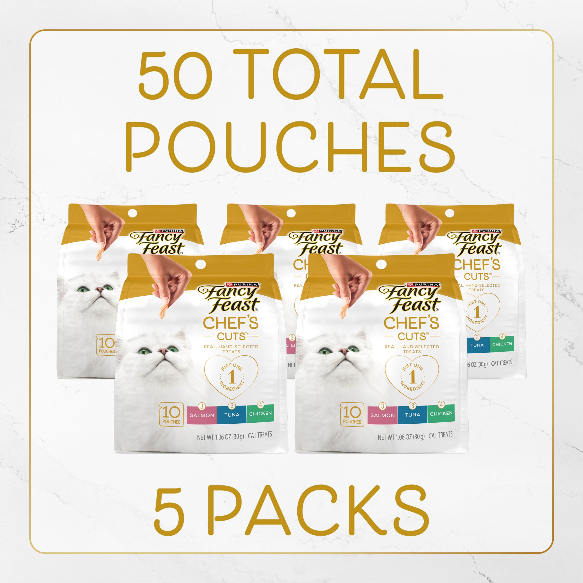 Purina Fancy Feast Purely Natural — Paquete Variado de Snacks para Gatos con Pollo, Atún y Salmón (5 sobres de 10 piezas c/u)