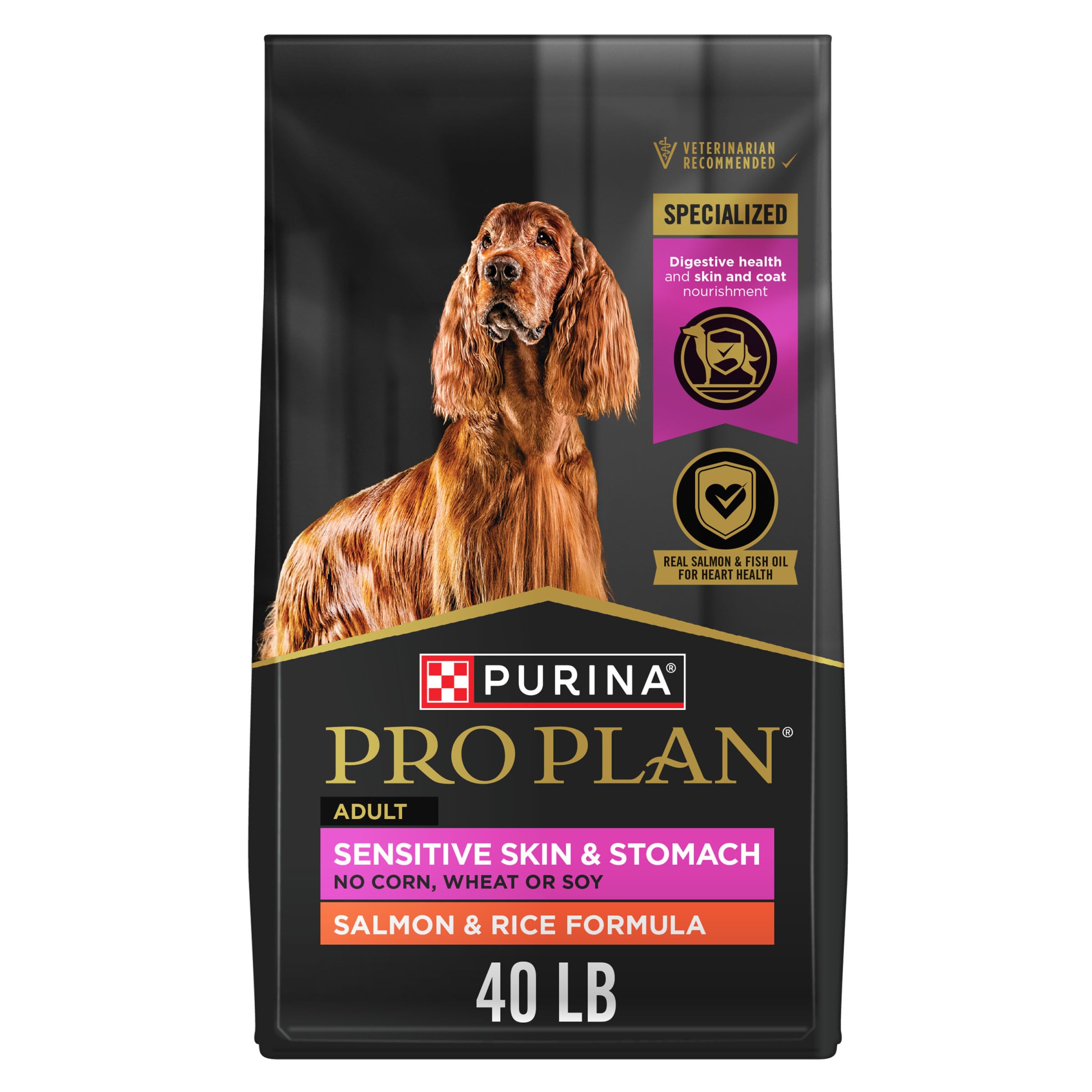 Purina Pro Plan Sensitive Skin and Stomach — Alimento Seco para Perros Adultos con Salmón y Arroz, Fórmula Digestiva y Piel Sensible, Bolsa 40 lb (18 kg)