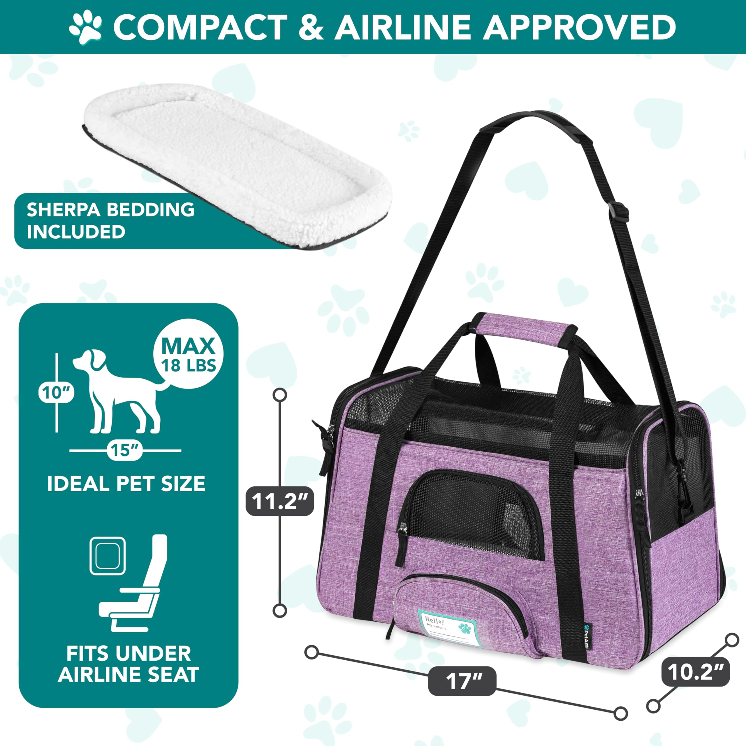 PetAmi — Transportadora de Viaje Aprobada por Aerolíneas con Cama Sherpa para Gatos y Perros Pequeños