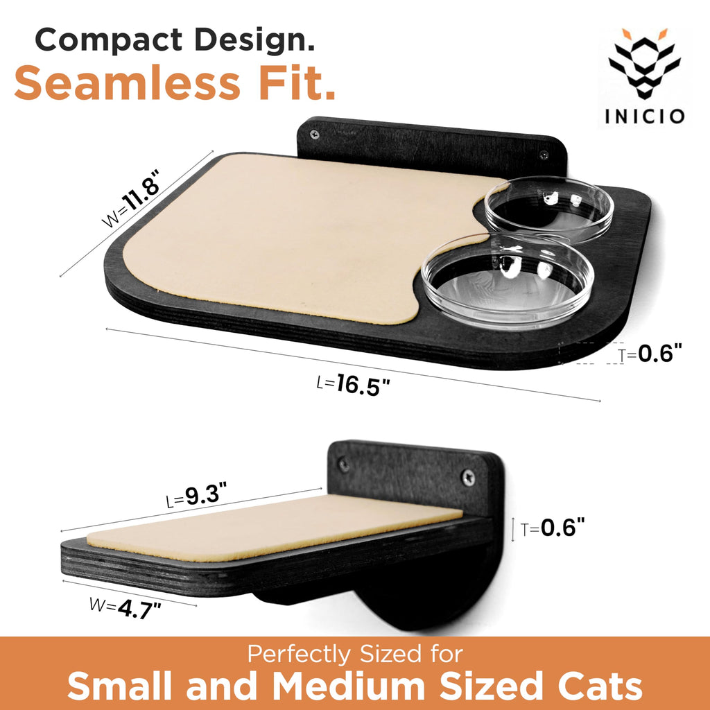 Estantes de Abedul para Gatos — Mueble de Pared con 3 Escalones y Tazones de Vidrio para Alimentación