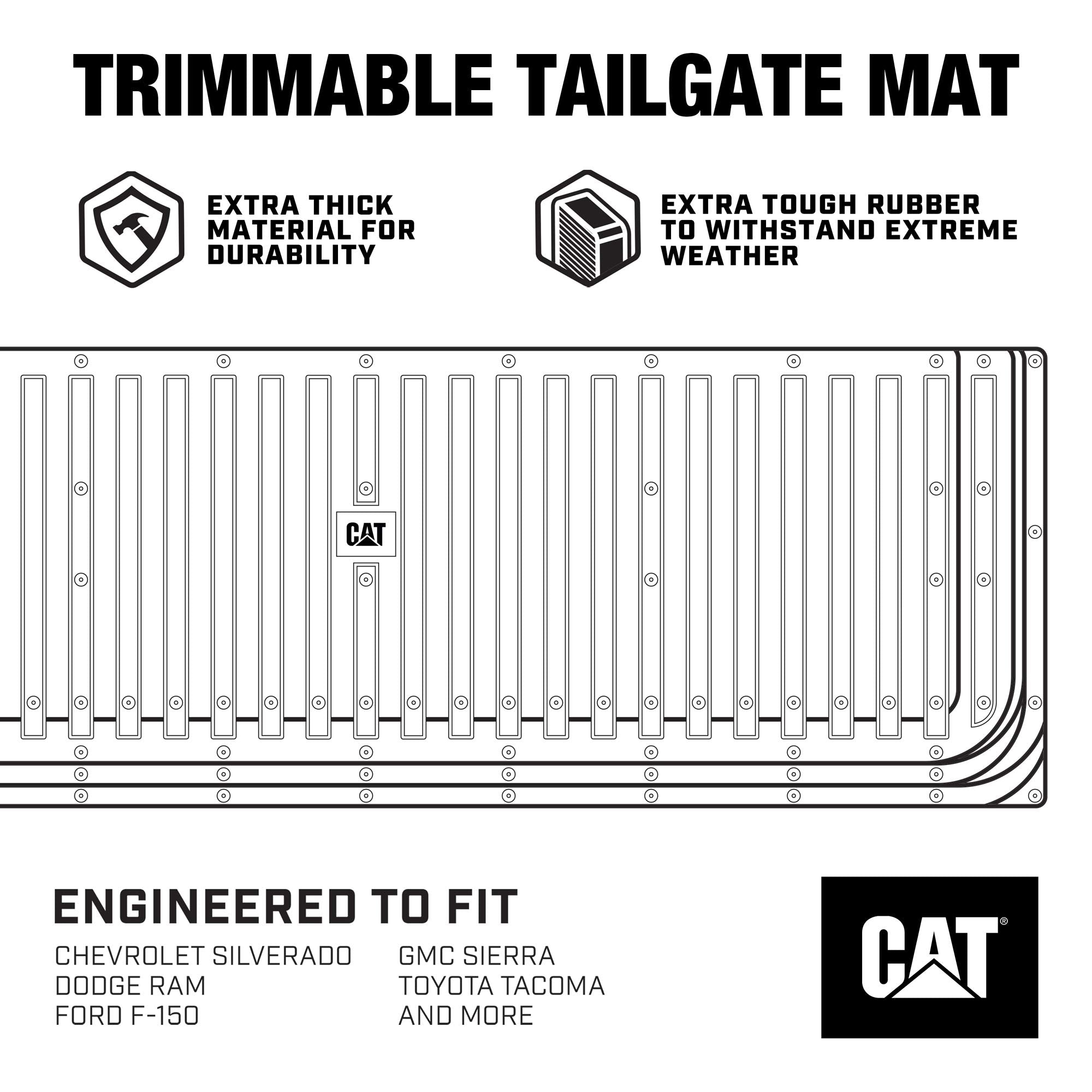 CAT Caterpillar — Tapete Protector de Compuerta Trasera para Camioneta Pick-Up, Hule Ultra Resistente de Alto Rendimiento, Universal Recortable 62" x 21" (CAMT-1509), Negro