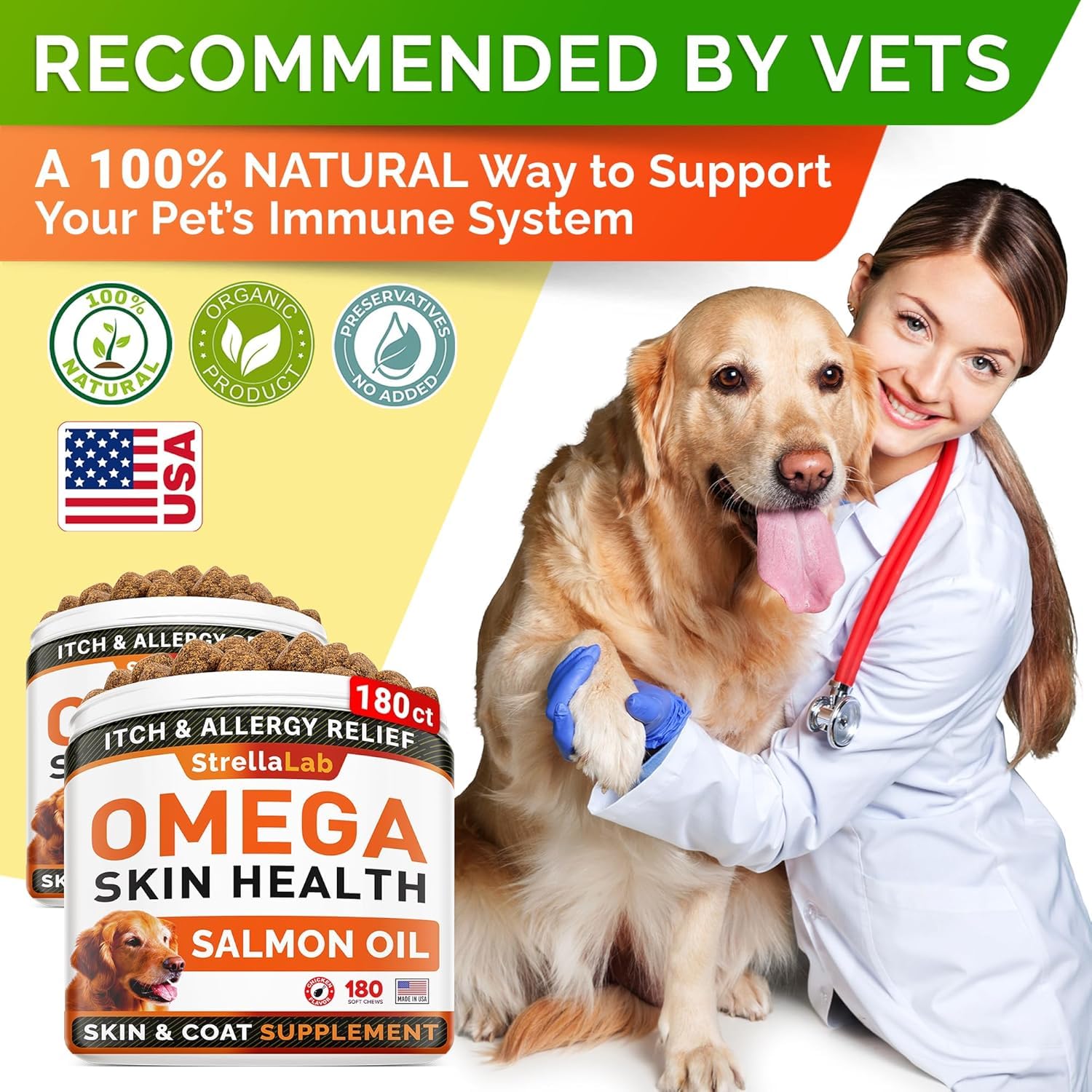 StrellaLab Fish Oil — Gomitas de Omega 3 para Perros con Alivio de Alergias, Comezón y Muda de Pelo