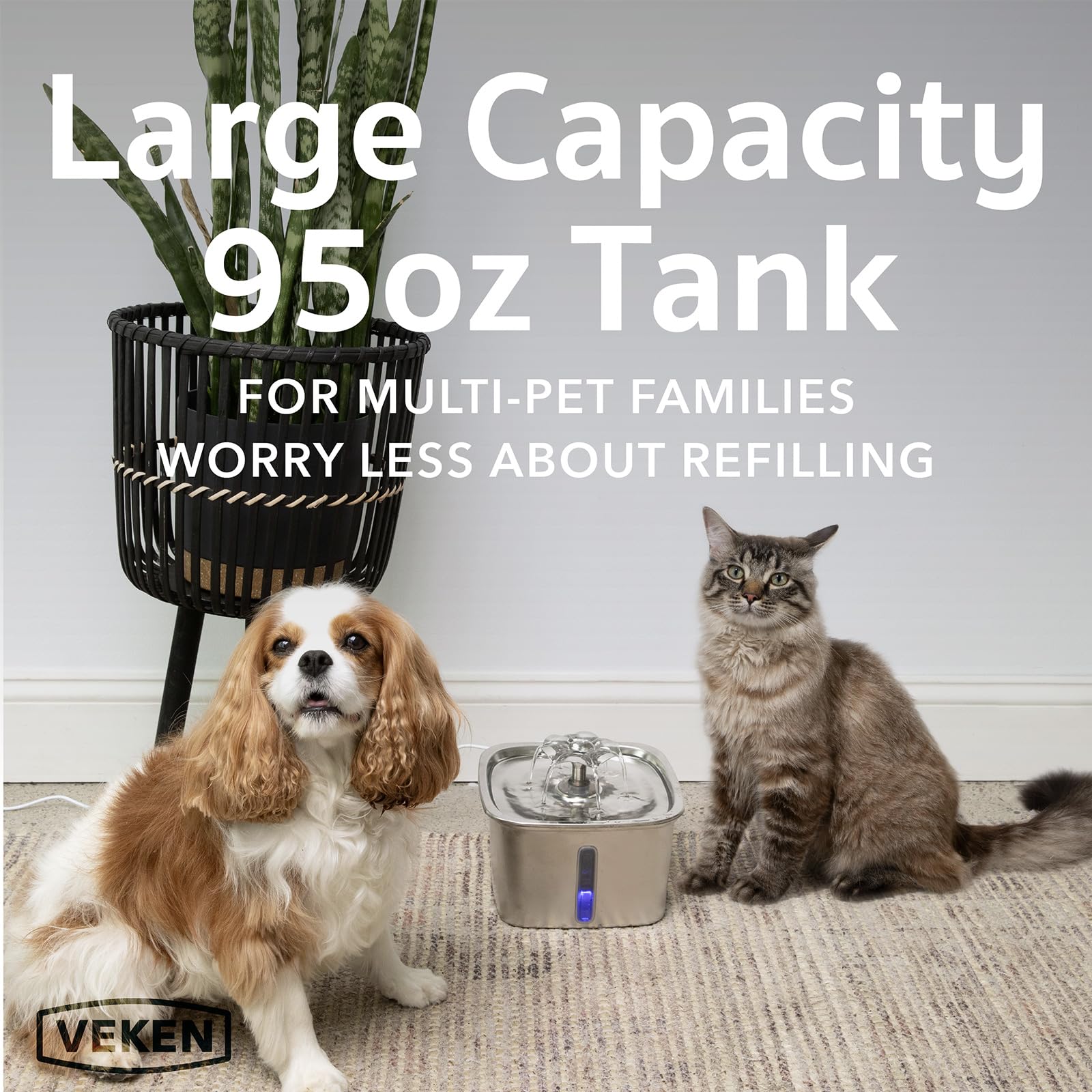 Veken — Fuente de Agua para Mascotas en Acero Inoxidable con Filtros de Repuesto y Tapete de Silicona para Gatos y Perros
