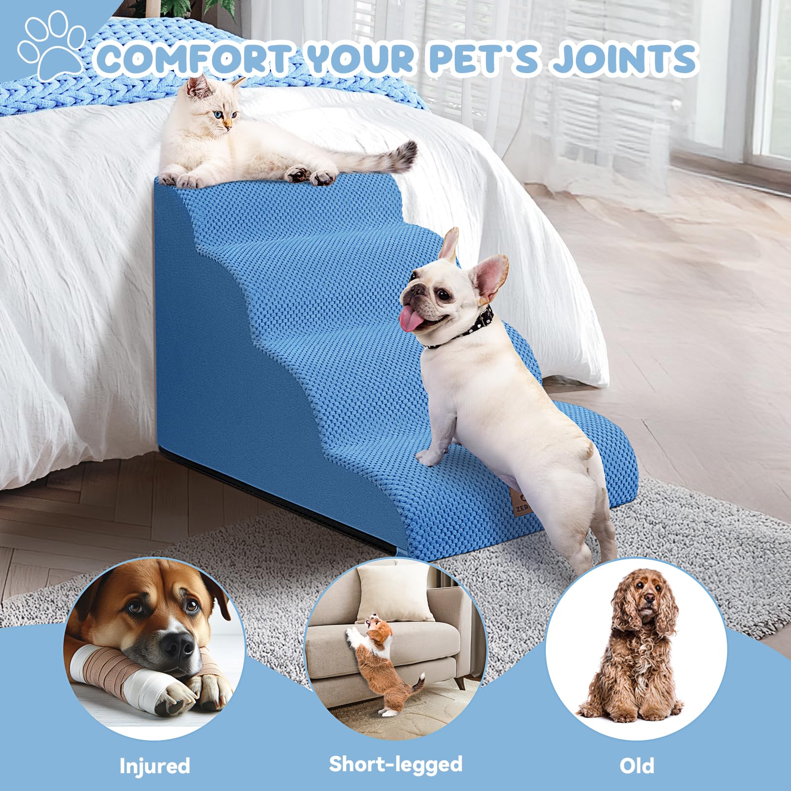 Zerbuger — Escalera y Rampa de Espuma para Perros y Gatos — Escalones Antideslizantes para Cama, Sofá y Silla