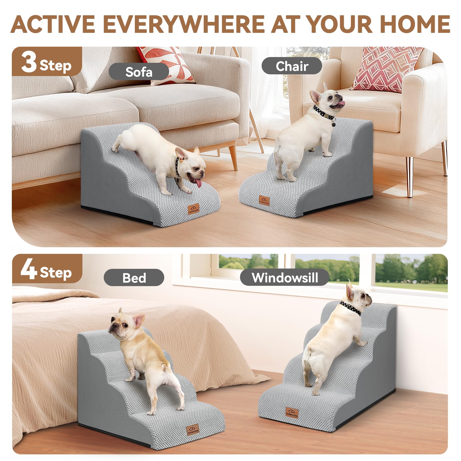 Zerbuger — Escalera y Rampa de Espuma para Perros y Gatos — Escalones Antideslizantes para Cama, Sofá y Silla