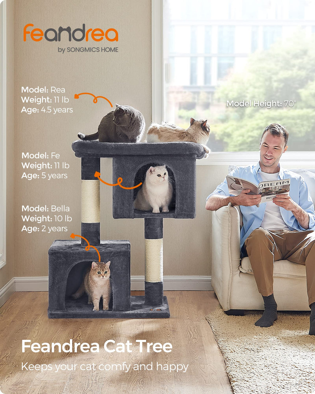Feandrea — Torre Rascador para Gatos con Condo, Perchas y Postes de Sisal