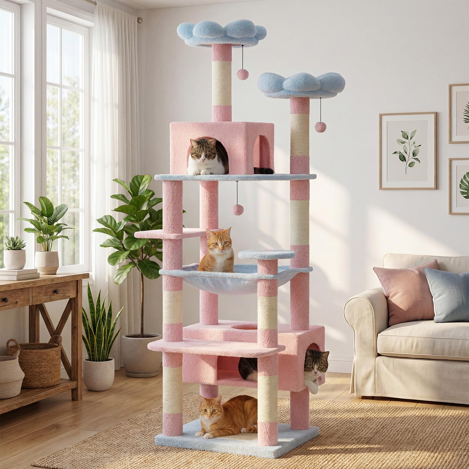 PAWZ Road 72-81 Inches Large Cat Tree, Tall Cat Tower with Large Mental Hammock for Indoor Cats Adults,7 Sisal-Covered Scratching Posts, 2 Padded Perches, Condos, and Basket