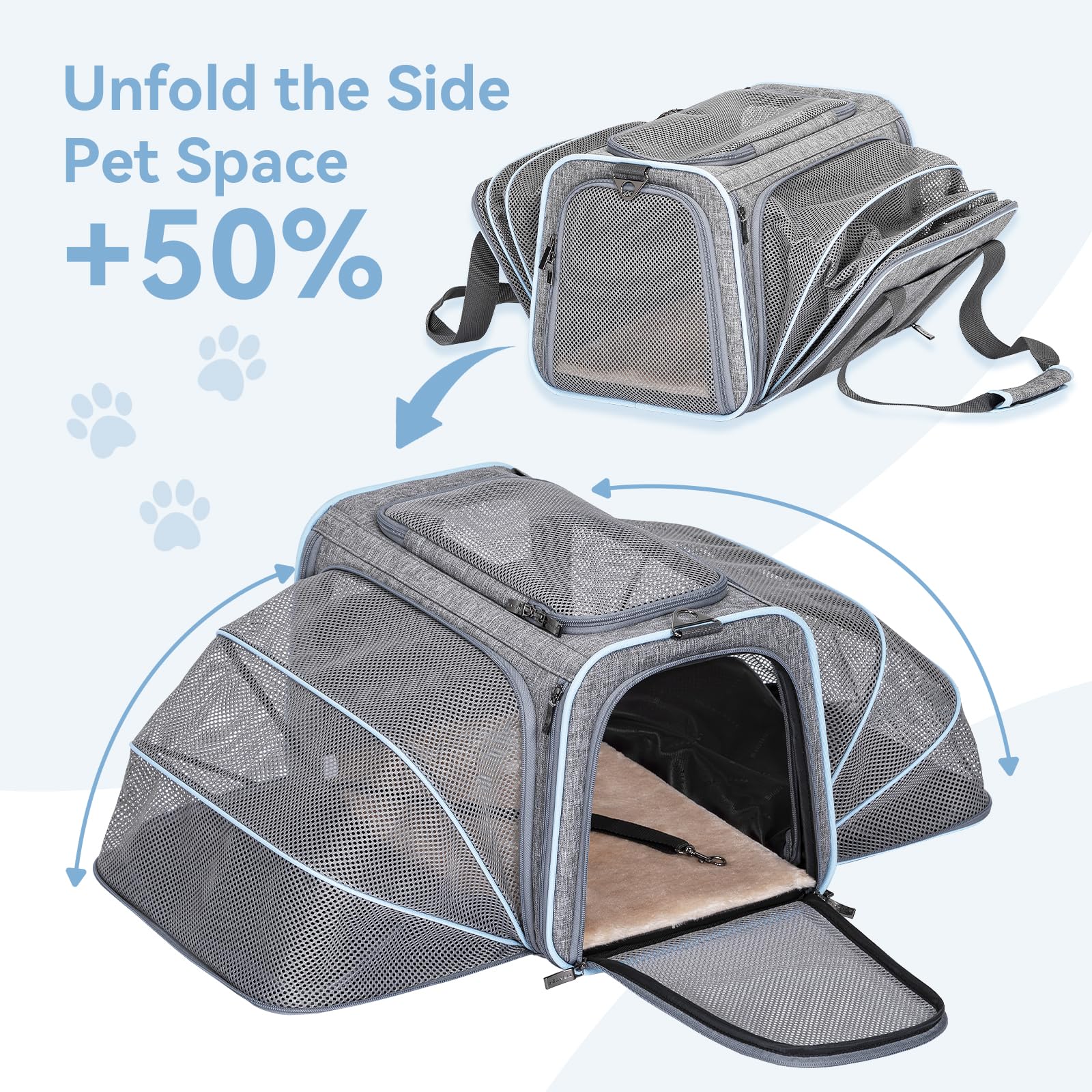 Petsfit — Transportadora Expandible para Gatos y Perros Pequeños, Aprobada por Aerolíneas, Plegable, Lavable y a Prueba de Escapes con 2 Paneles de Expansión