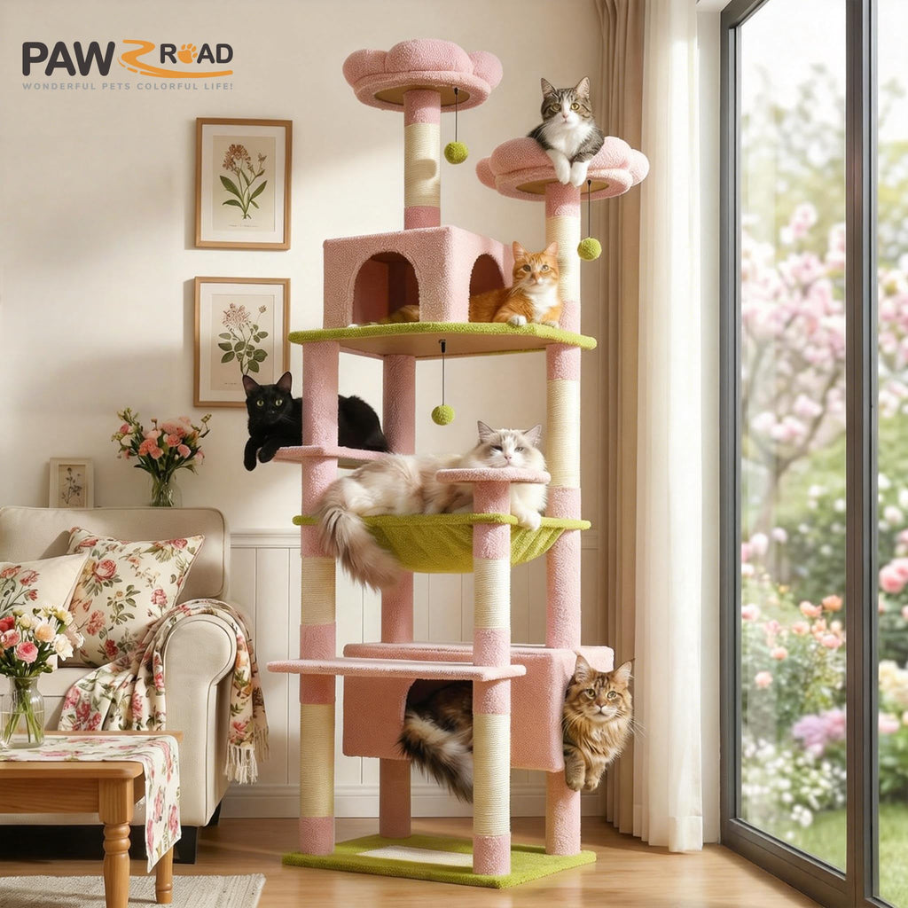 PAWZ Road 72-81 Inches Large Cat Tree, Tall Cat Tower with Large Mental Hammock for Indoor Cats Adults,7 Sisal-Covered Scratching Posts, 2 Padded Perches, Condos, and Basket