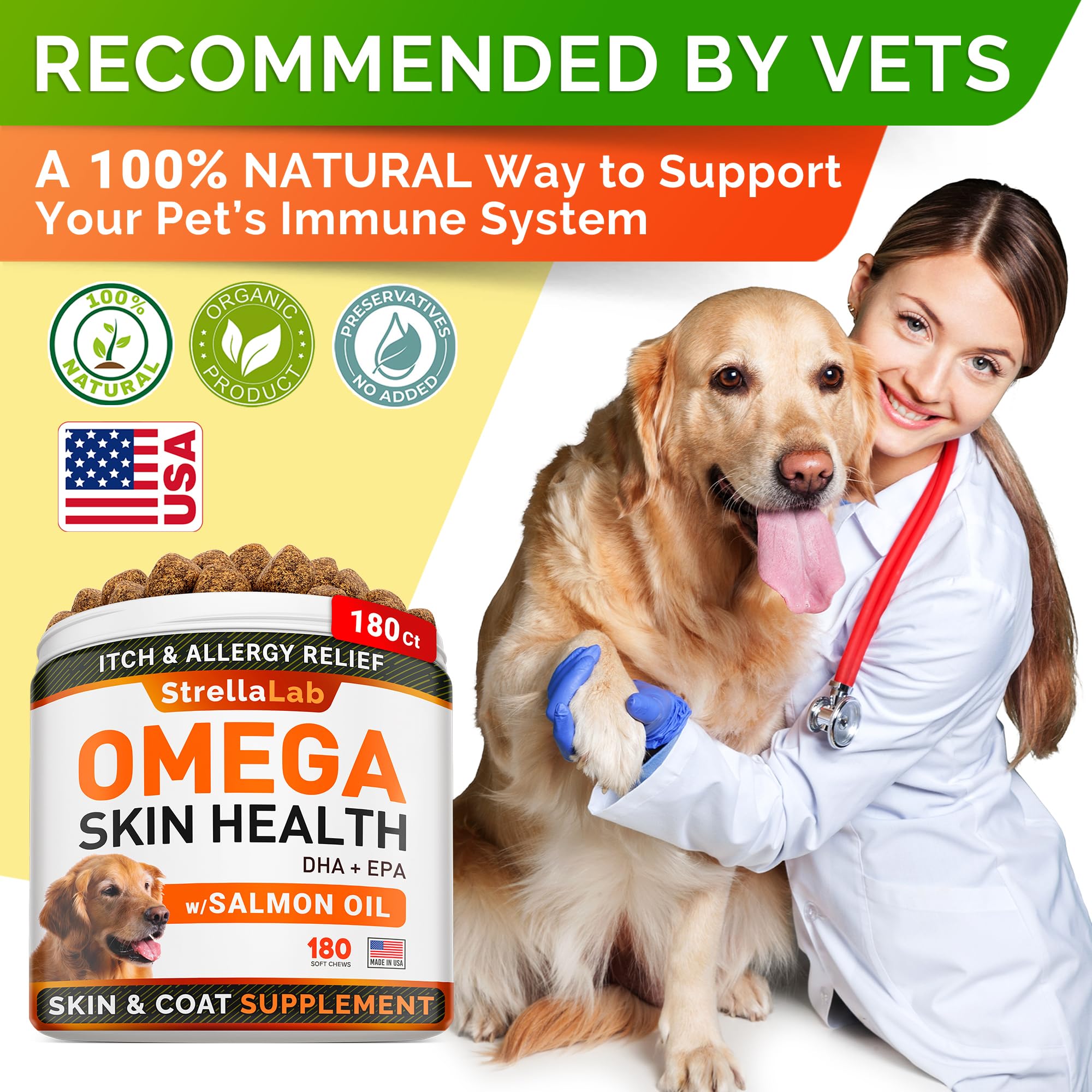 StrellaLab Fish Oil — Gomitas de Omega 3 para Perros con Alivio de Alergias, Comezón y Muda de Pelo