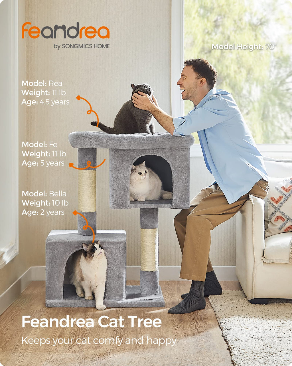 Feandrea — Torre Rascador para Gatos con Condo, Perchas y Postes de Sisal