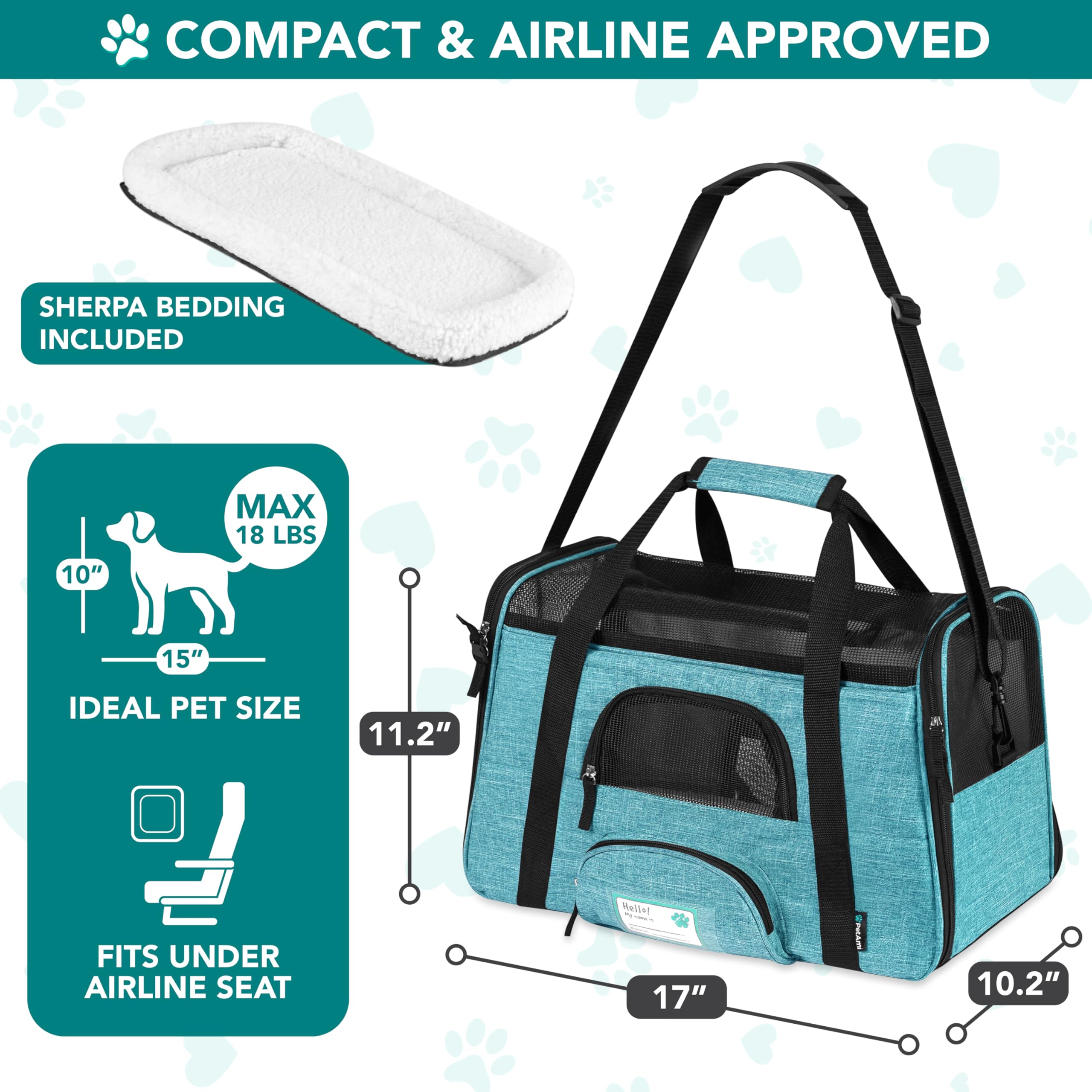 PetAmi — Transportadora de Viaje Aprobada por Aerolíneas con Cama Sherpa para Gatos y Perros Pequeños