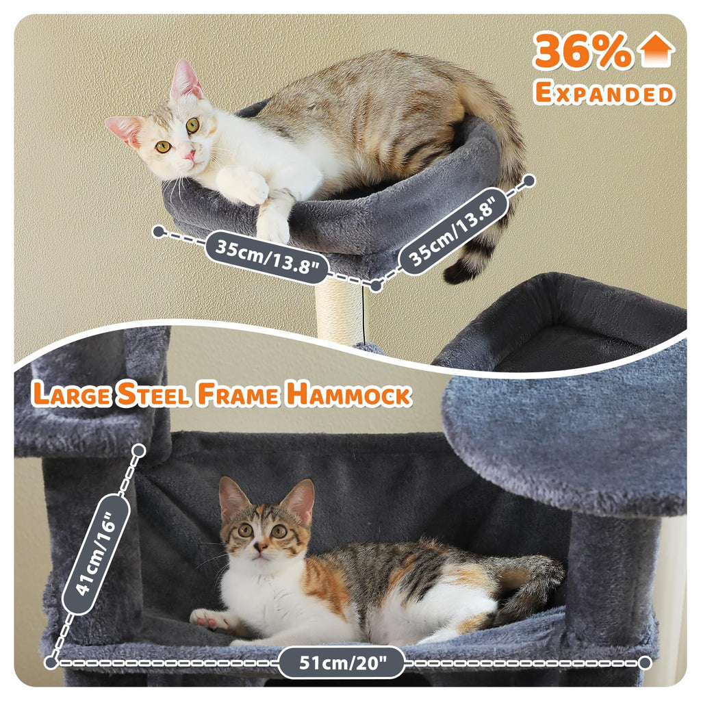 PAWZ Road 72-81 Inches Large Cat Tree, Tall Cat Tower with Large Mental Hammock for Indoor Cats Adults,7 Sisal-Covered Scratching Posts, 2 Padded Perches, Condos, and Basket