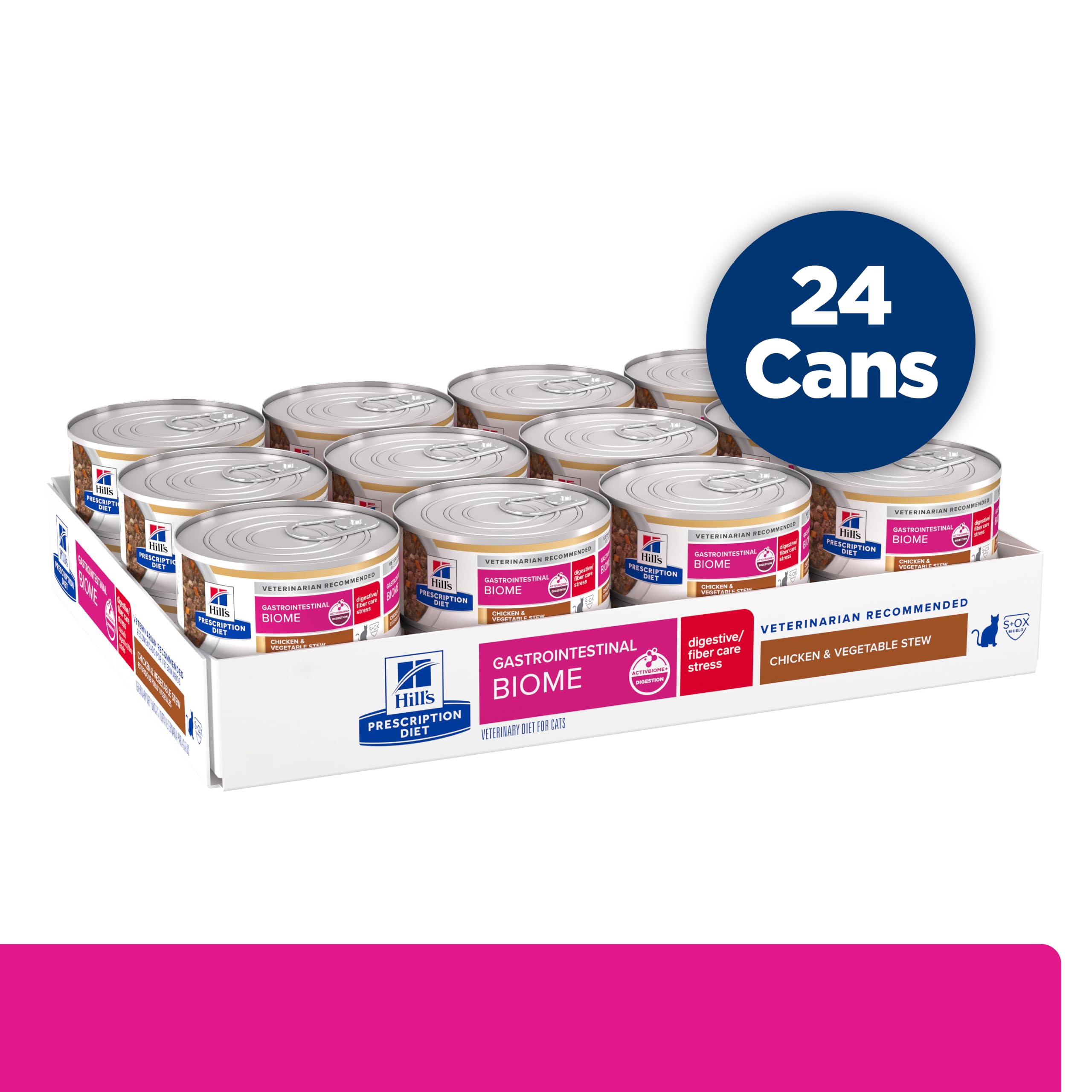 Hill's Prescription Diet Gastrointestinal Biome Stress — Alimento Húmedo para Gatos con Pollo y Verduras, Fórmula Digestiva y Antiestresante, Latas de 82g, Paquete de 24