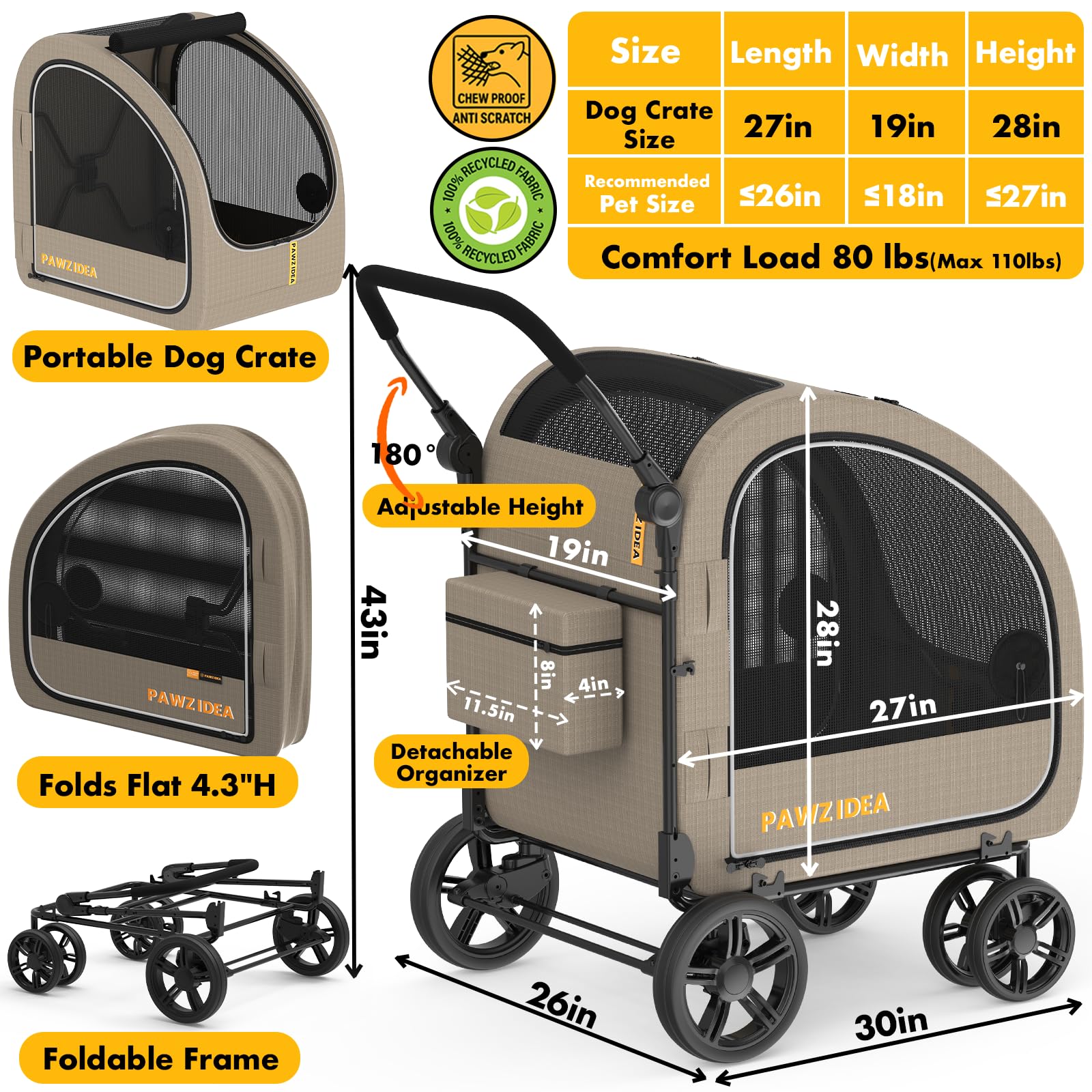 PAWZIDEA 3-in-1 Large Dog Stroller with Detachable Carrier up to 80lbs, Portable Dog Car Crate & Travel Kennel, Foldable Pet Stroller for 2 Medium Dogs, All-Terrain 9” Jogger Wheels, Adjustable Handle
