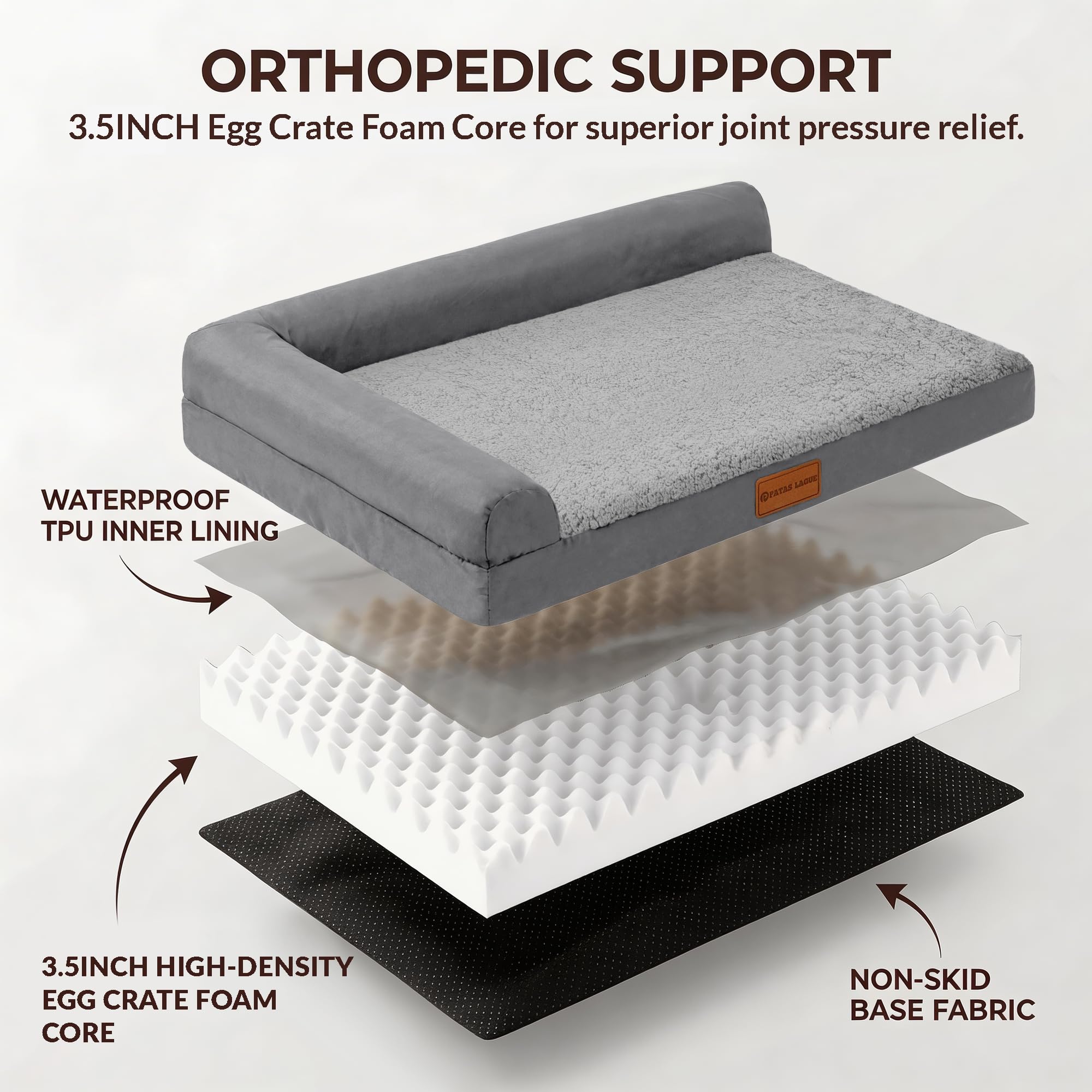 Patas Lague — Cama Ortopédica con Bolster en L y Cubierta Lavable Impermeable para Perro
