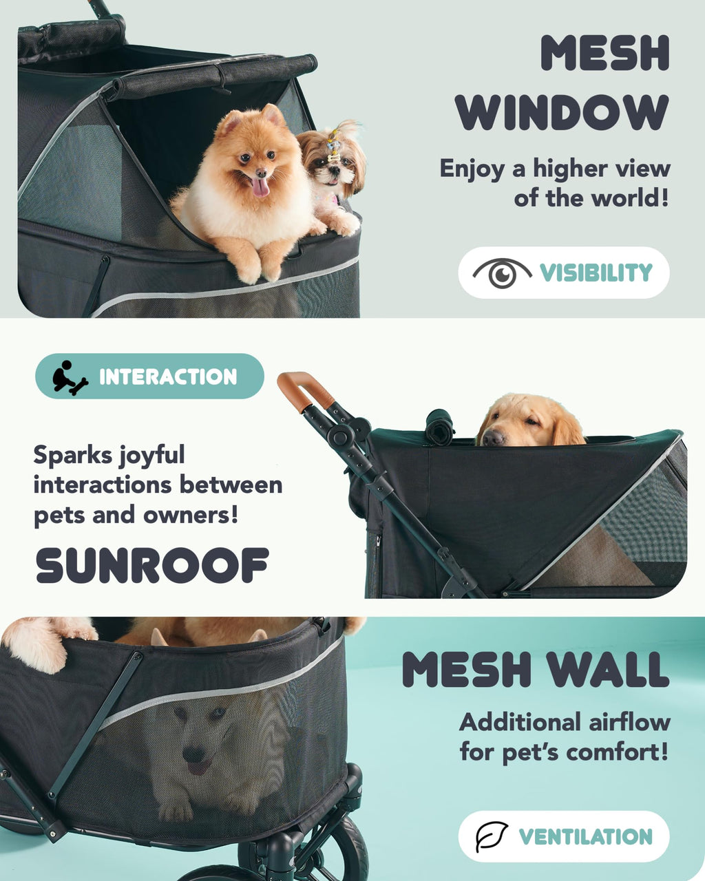 Carriola para Perros Grandes Zoosky hasta 50 kg — Carriola XL para Múltiples Mascotas con Doble Ventana de Malla, Manubrio Ajustable y Tela Oxford 1680D Resistente al Agua, Todo Terreno