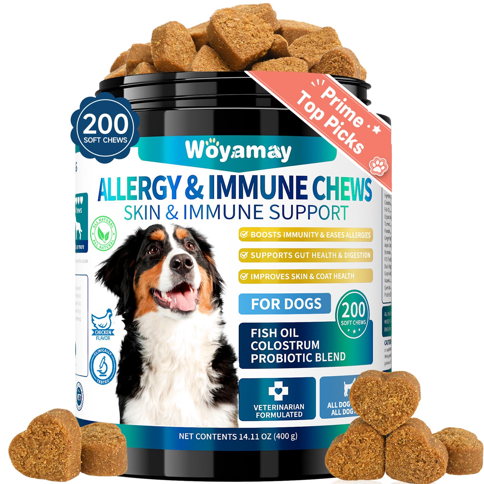 Gomitas para Alergias en Perros con Probióticos — 200 Masticables Suaves para Alivio de Picazón, Piel Sensible, Soporte Inmune y Salud Digestiva, Sabor Pollo