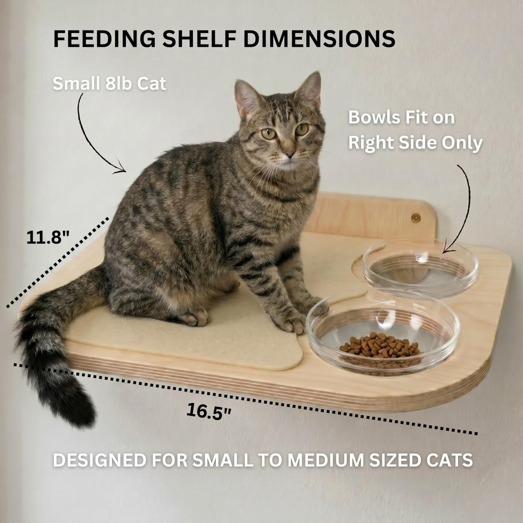 Estantes de Abedul para Gatos — Mueble de Pared con 3 Escalones y Tazones de Vidrio para Alimentación