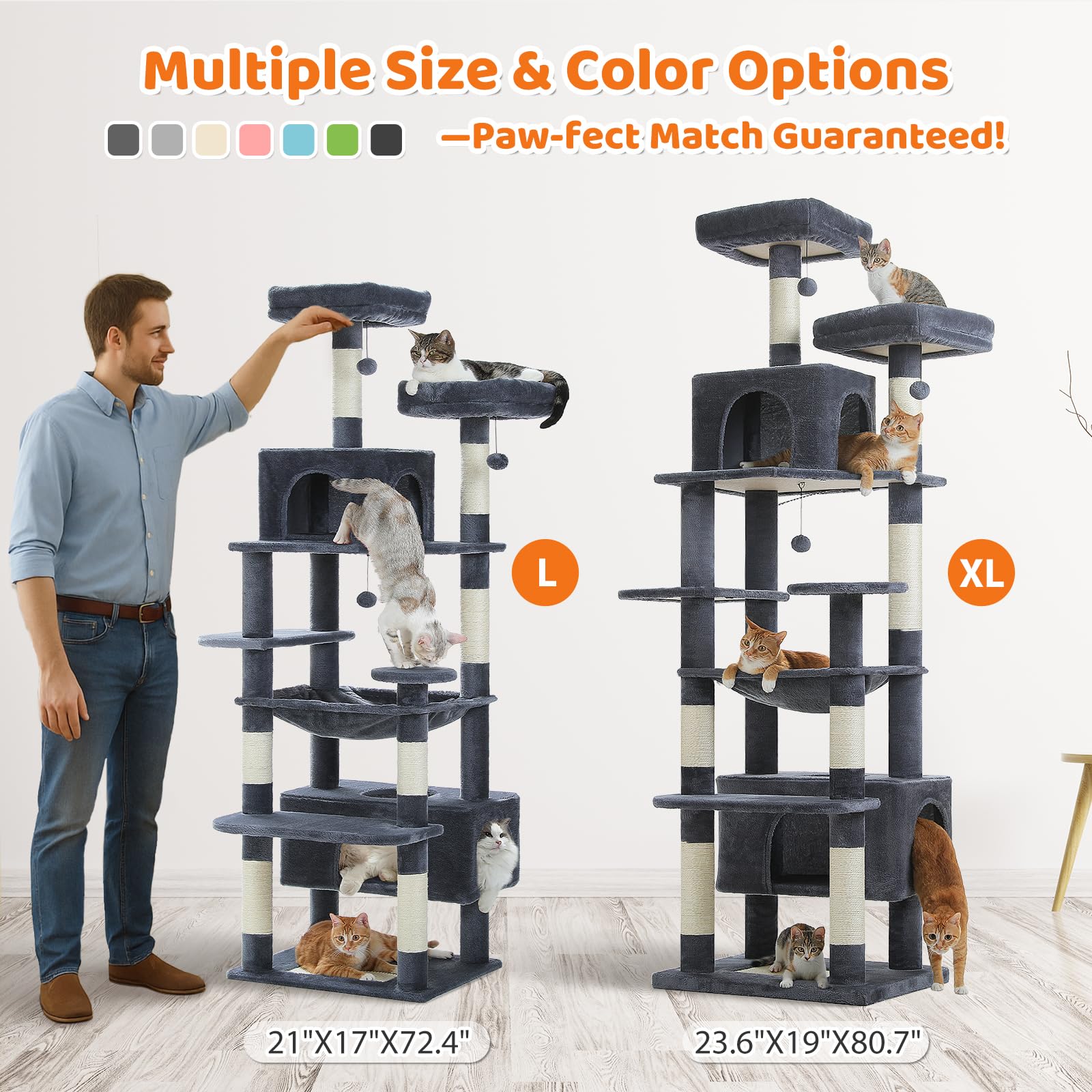 PAWZ Road 72-81 Inches Large Cat Tree, Tall Cat Tower with Large Mental Hammock for Indoor Cats Adults,7 Sisal-Covered Scratching Posts, 2 Padded Perches, Condos, and Basket