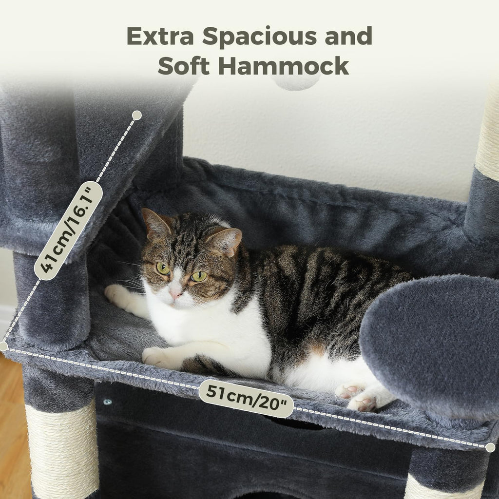 PAWZ Road 72-81 Inches Large Cat Tree, Tall Cat Tower with Large Mental Hammock for Indoor Cats Adults,7 Sisal-Covered Scratching Posts, 2 Padded Perches, Condos, and Basket