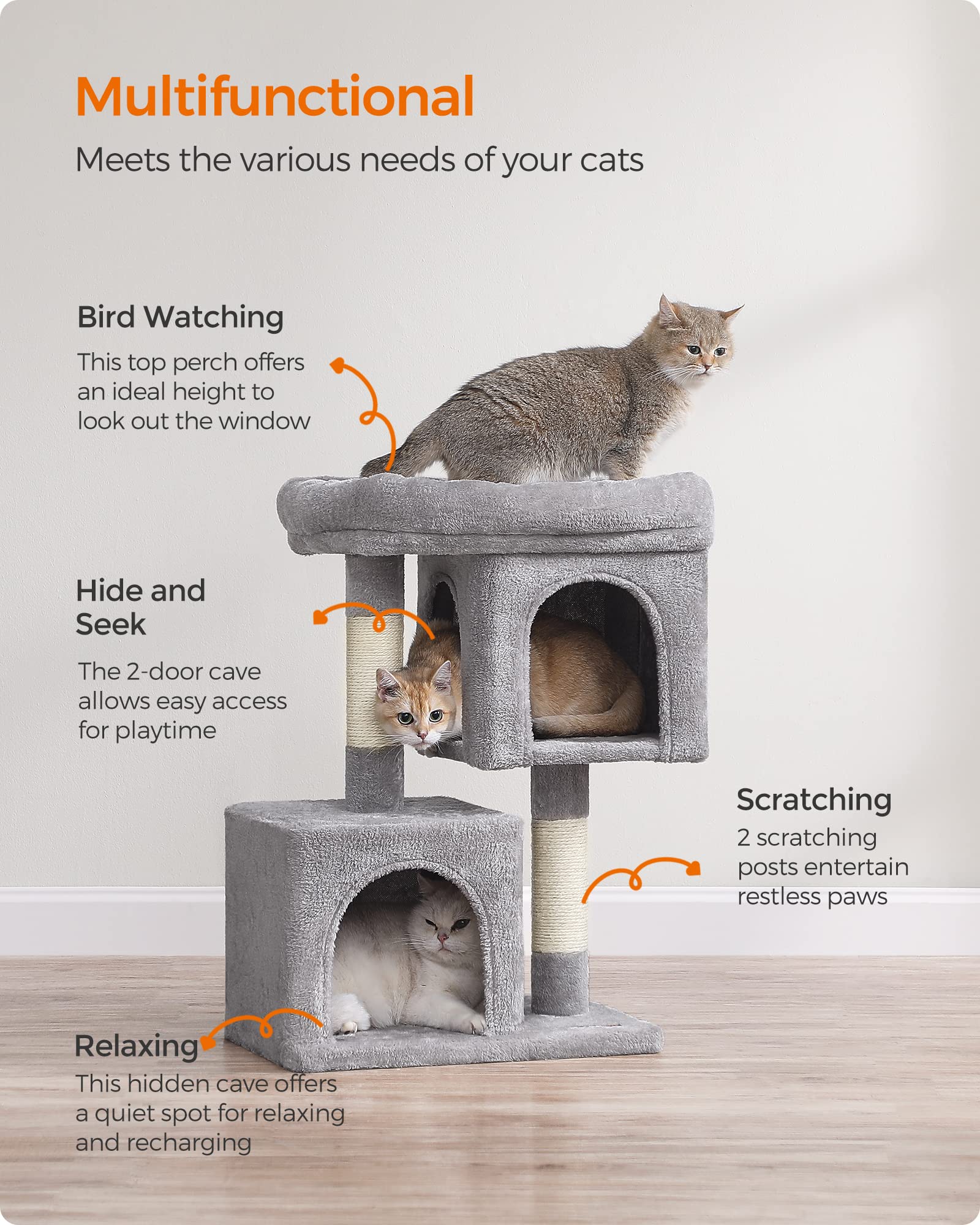 Feandrea — Torre Rascador para Gatos con Condo, Perchas y Postes de Sisal