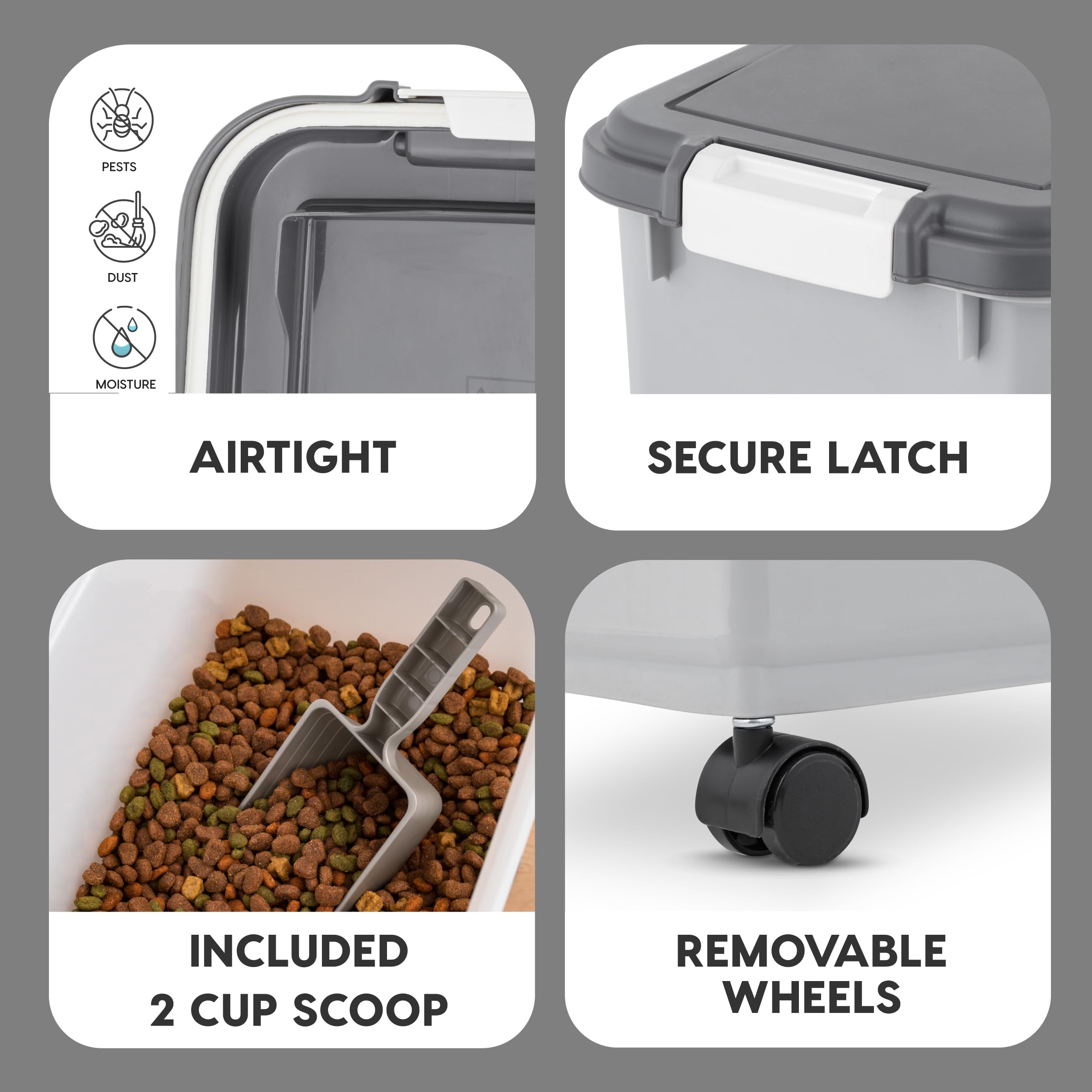 IRIS USA — Contenedor Hermético para Alimento de Perro y Gato, Combo 30 lbs y 11 lbs, Apilable con Ruedas y Taza Medidora de 2 Tazas