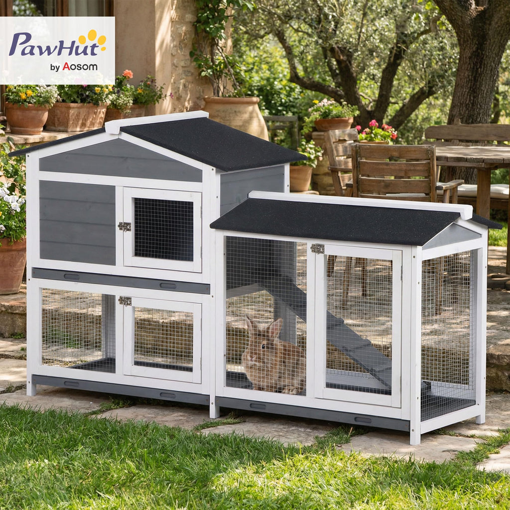PawHut — Conejera de Madera con Área de Juego, Techo de Asfalto y Puertas con Cerrojo para Conejos, Cobayos y Aves de Corral