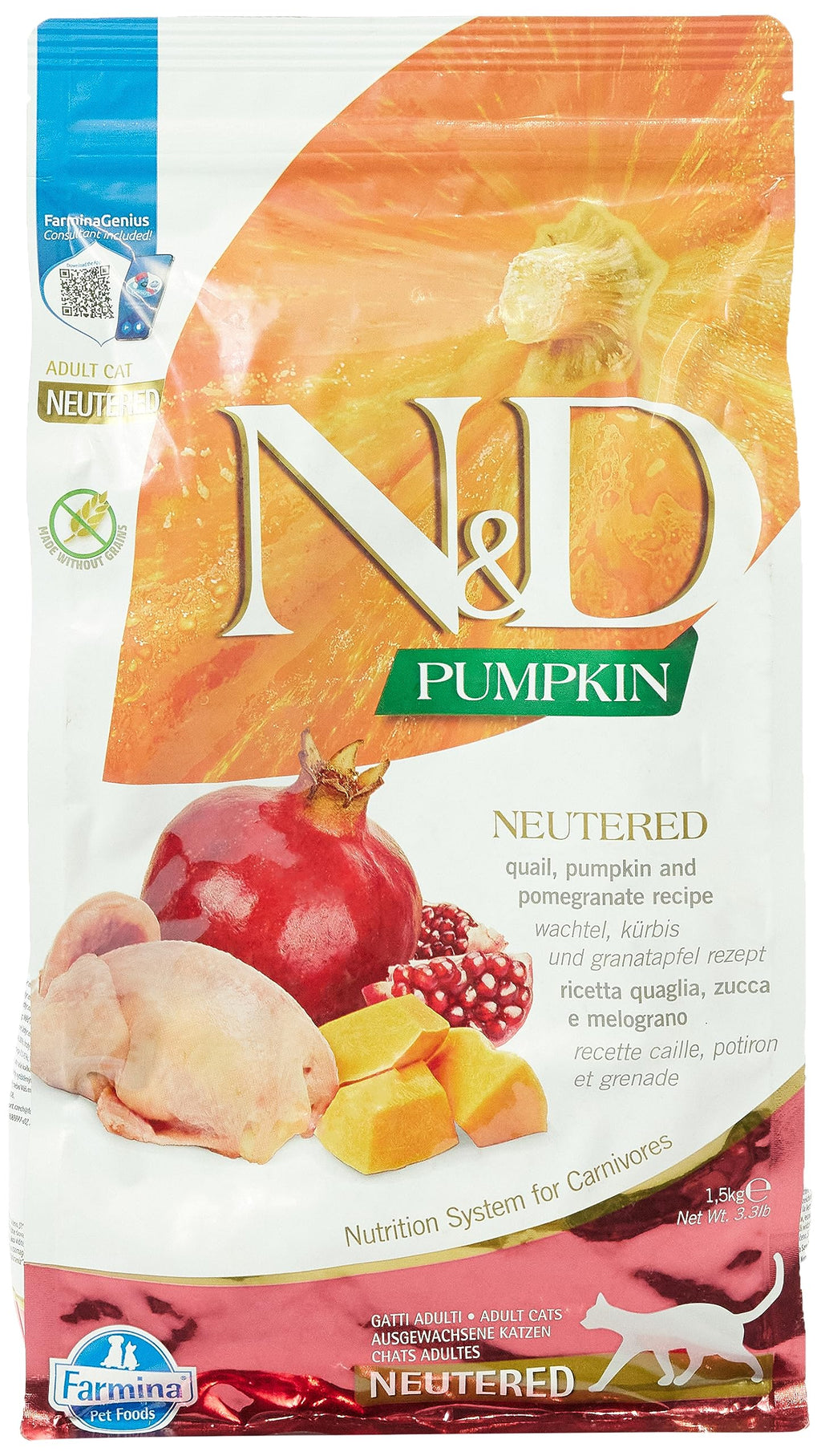 Farmina N&D Pumpkin — Alimento para Gatos Esterilizados con Codorniz y Granada, Fórmula Bajo Índice Glucémico, Hecho en Italia