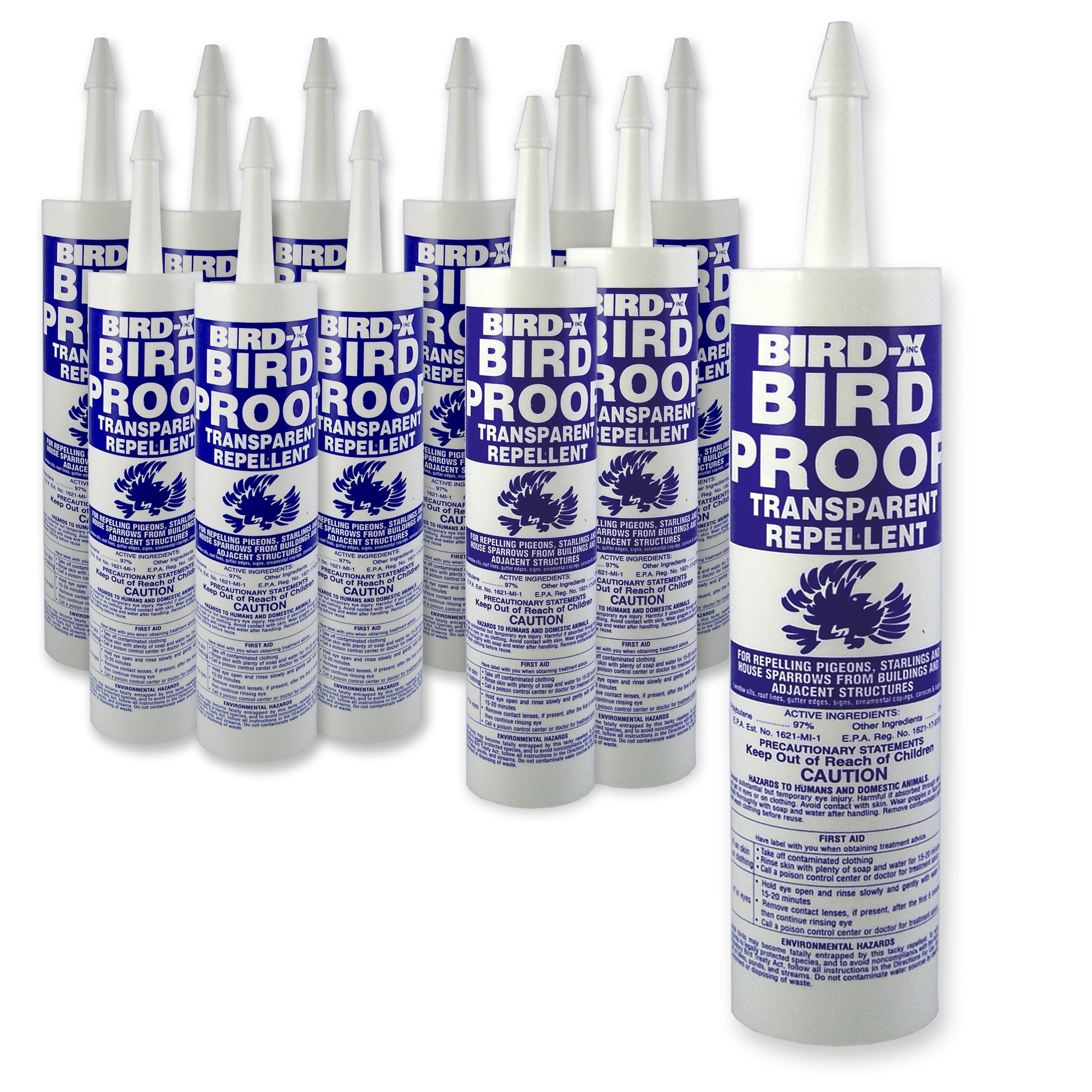 Bird-X Gel Repelente de Aves — Gel Transparente y Pegajoso de Larga Duración para Evitar que las Aves se Posen, Paquete de 12 Tubos de 10 fl. oz. (Cubre 10 Pies Lineales por Tubo)